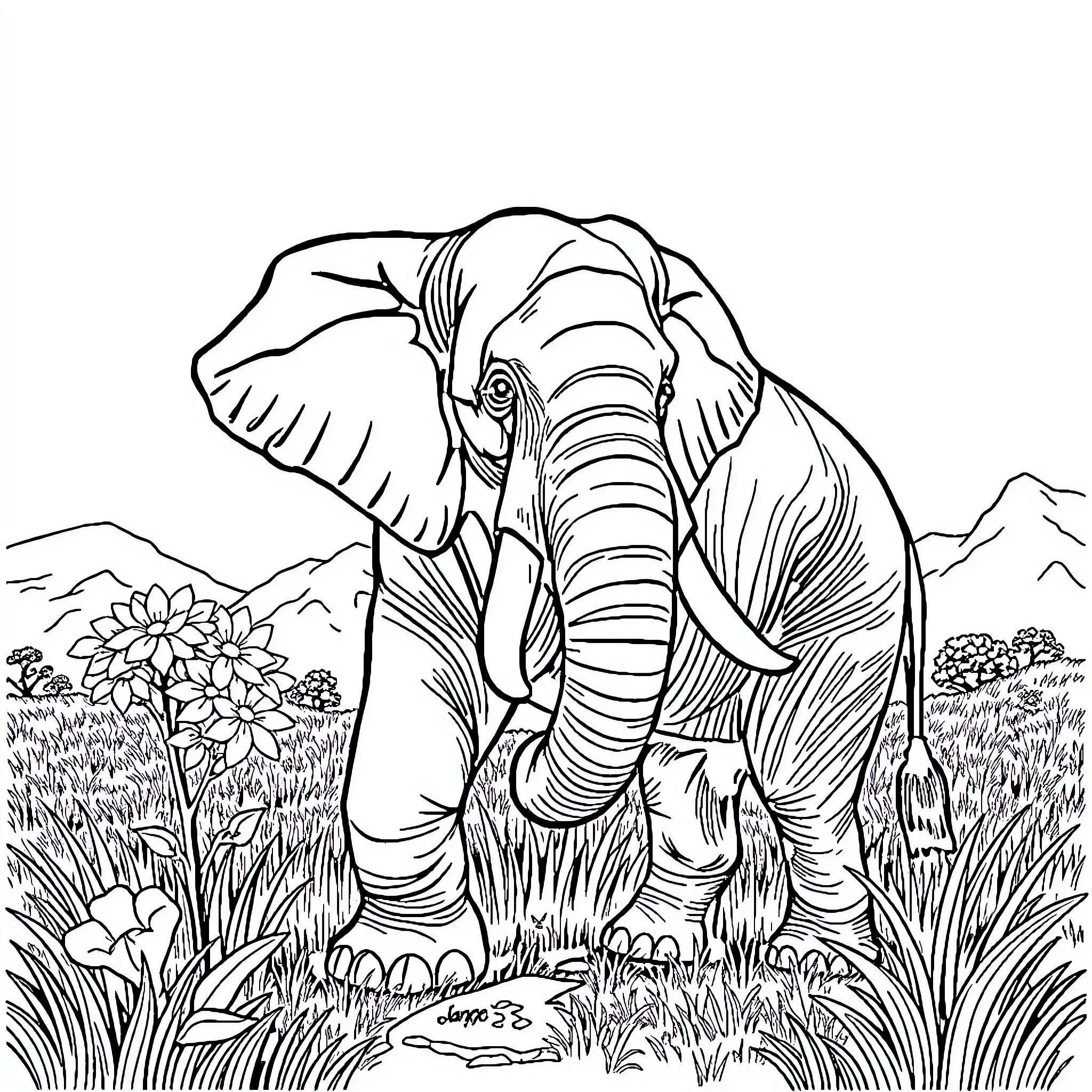 Elephant standing majestically in a lush landscape Coloring Page (free black-and-white line drawing printable PDF for all, from beginners to advanced learners, including children, teens, adults, and seniors)