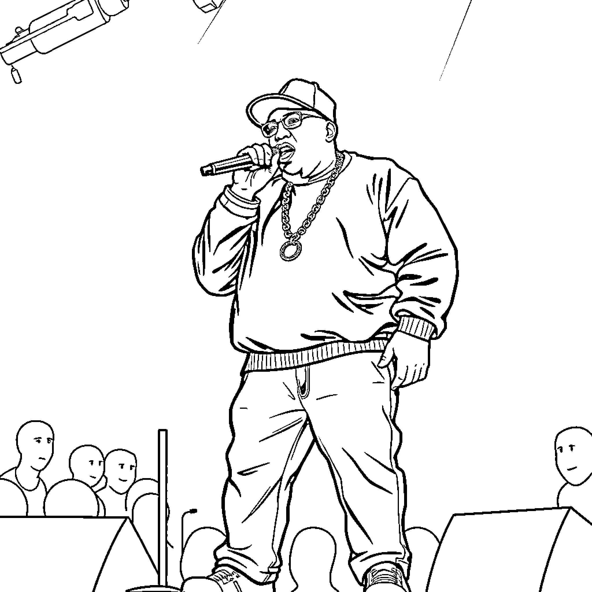 Biggie performing on stage with crowd Coloring Page (free black-and-white line drawing printable PDF for all, from beginners to advanced learners, including children, teens, adults, and seniors)