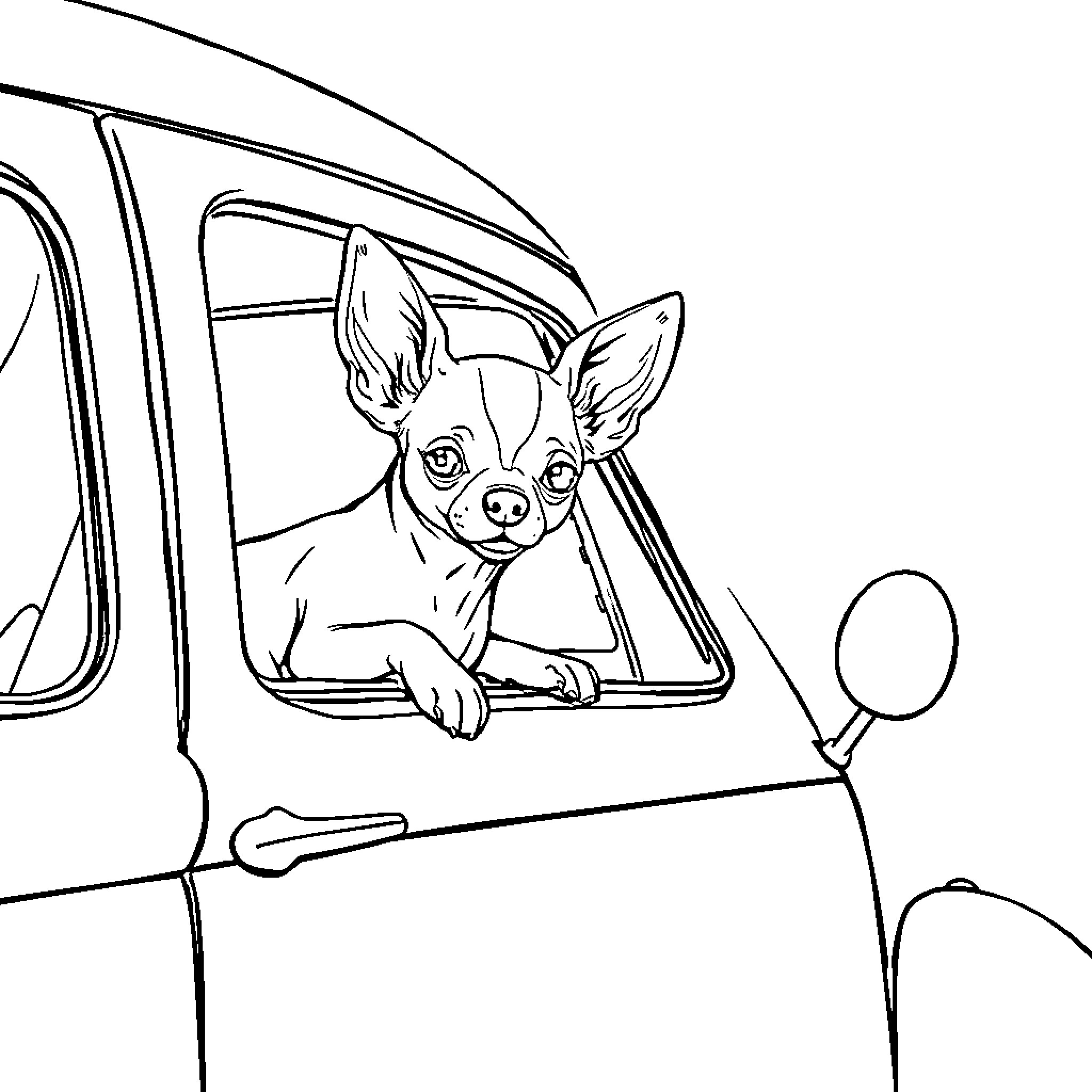 Chihuahua peering out of car window Coloring Page (free black-and-white line drawing printable PDF for all, from beginners to advanced learners, including children, teens, adults, and seniors)