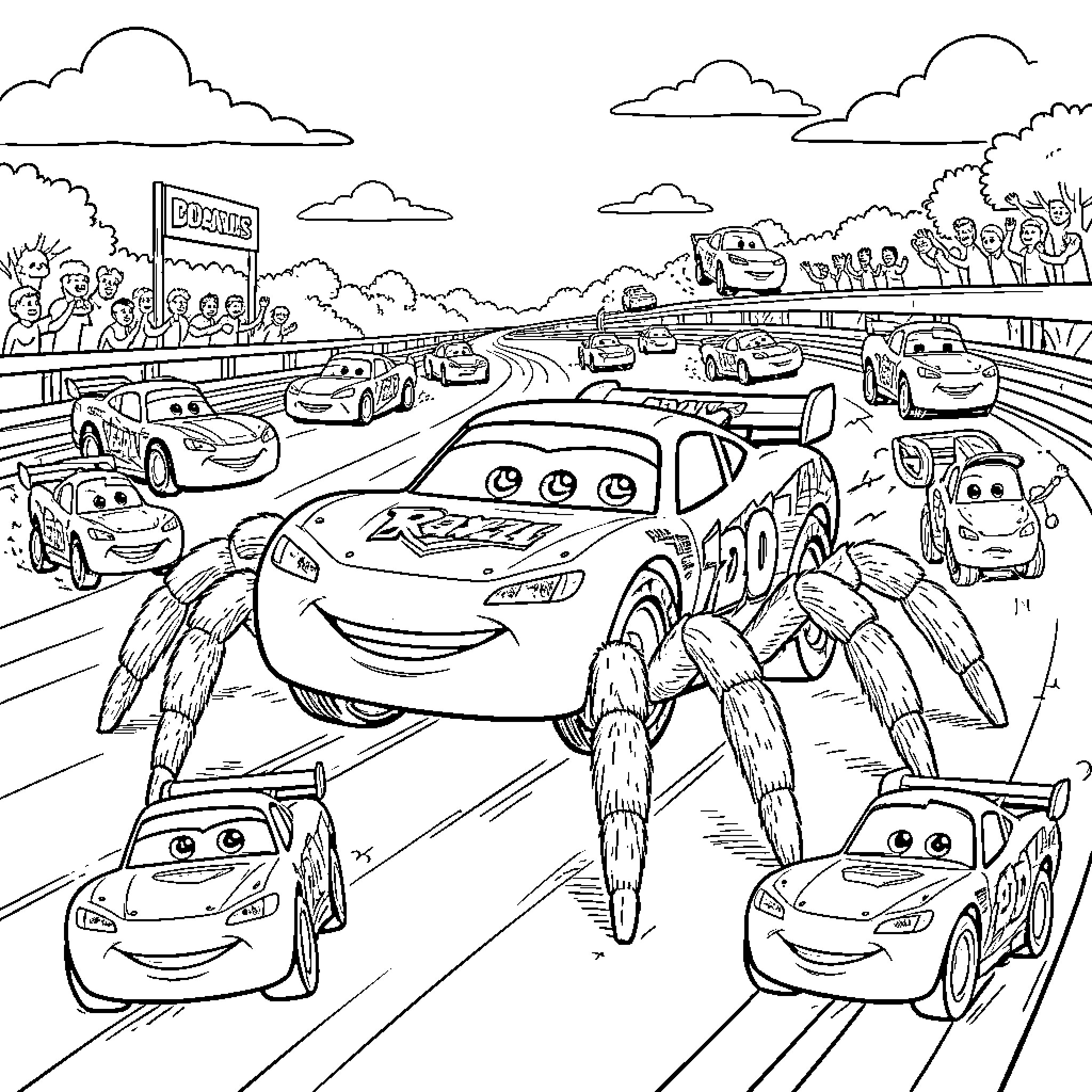 Coche racing on a busy highway with cartoon vehicles Coloring Page (free black-and-white line drawing printable PDF for all, from beginners to advanced learners, including children, teens, adults, and seniors)