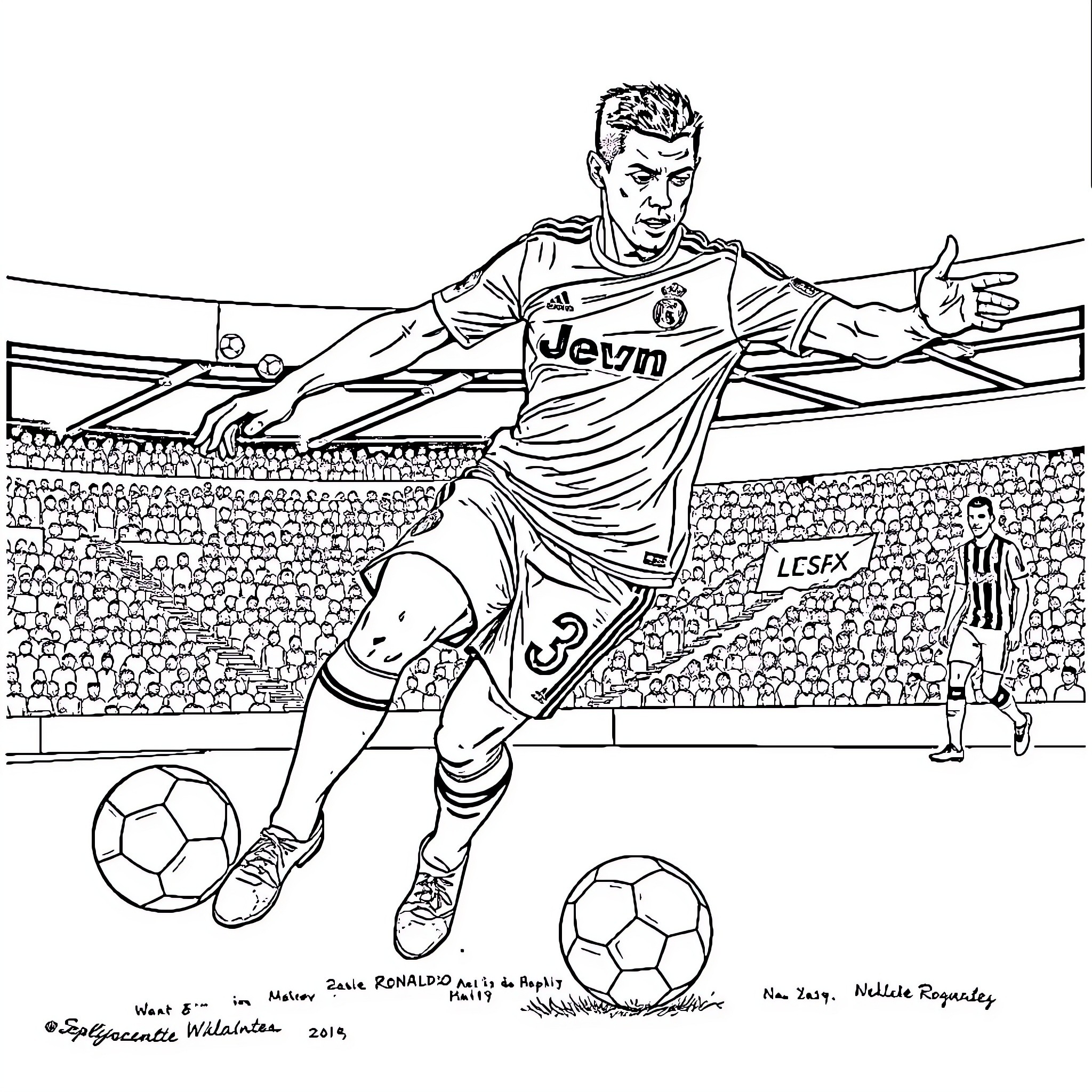 Ronaldo Celebrating Goal in Soccer Stadium Coloring Page (free black-and-white line drawing printable PDF for all, from beginners to advanced learners, including children, teens, adults, and seniors)