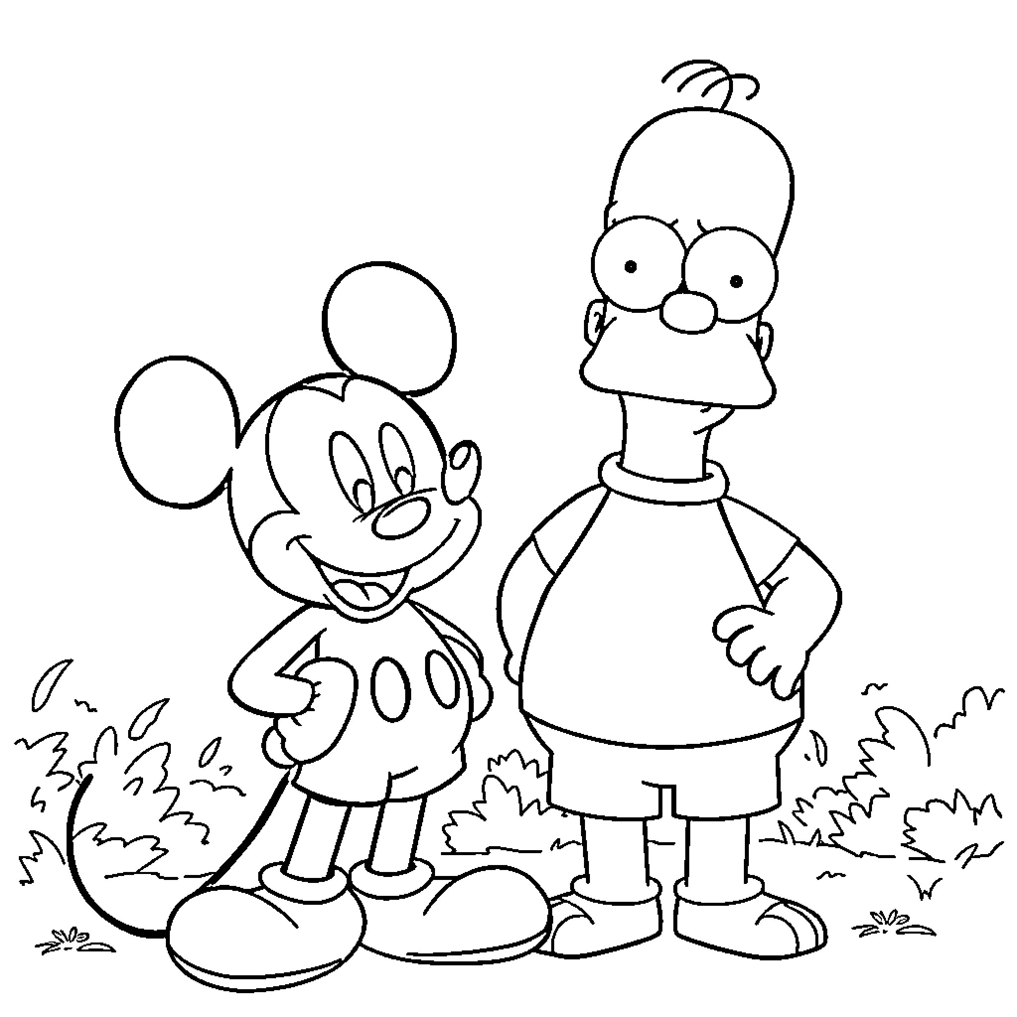 Mickey Mouse and friend in a simple sketch Coloring Page (free black-and-white line drawing printable PDF for all, from beginners to advanced learners, including children, teens, adults, and seniors)
