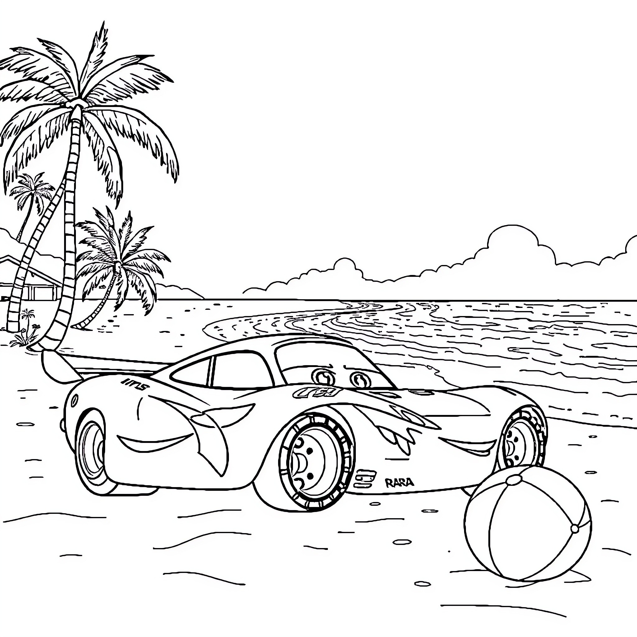 Sports Car on Tropical Beach with Palm Trees Coloring Page (free black-and-white line drawing printable PDF for all, from beginners to advanced learners, including children, teens, adults, and seniors)