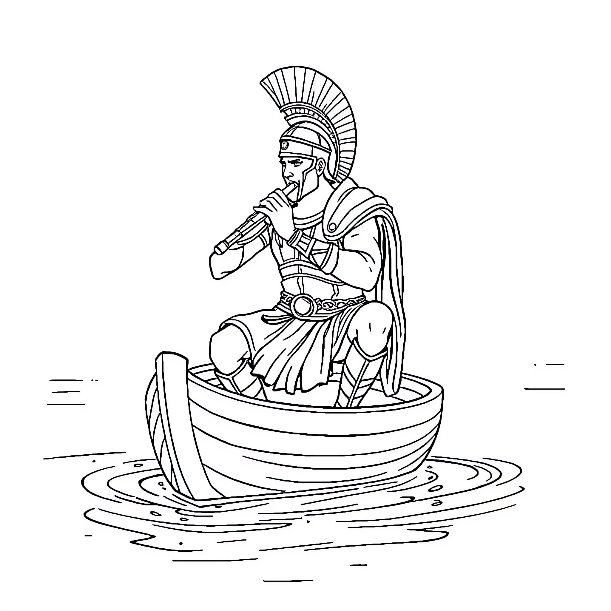 Spartan warrior in a boat on the water Coloring Page (free black-and-white line drawing printable PDF for all, from beginners to advanced learners, including children, teens, adults, and seniors)