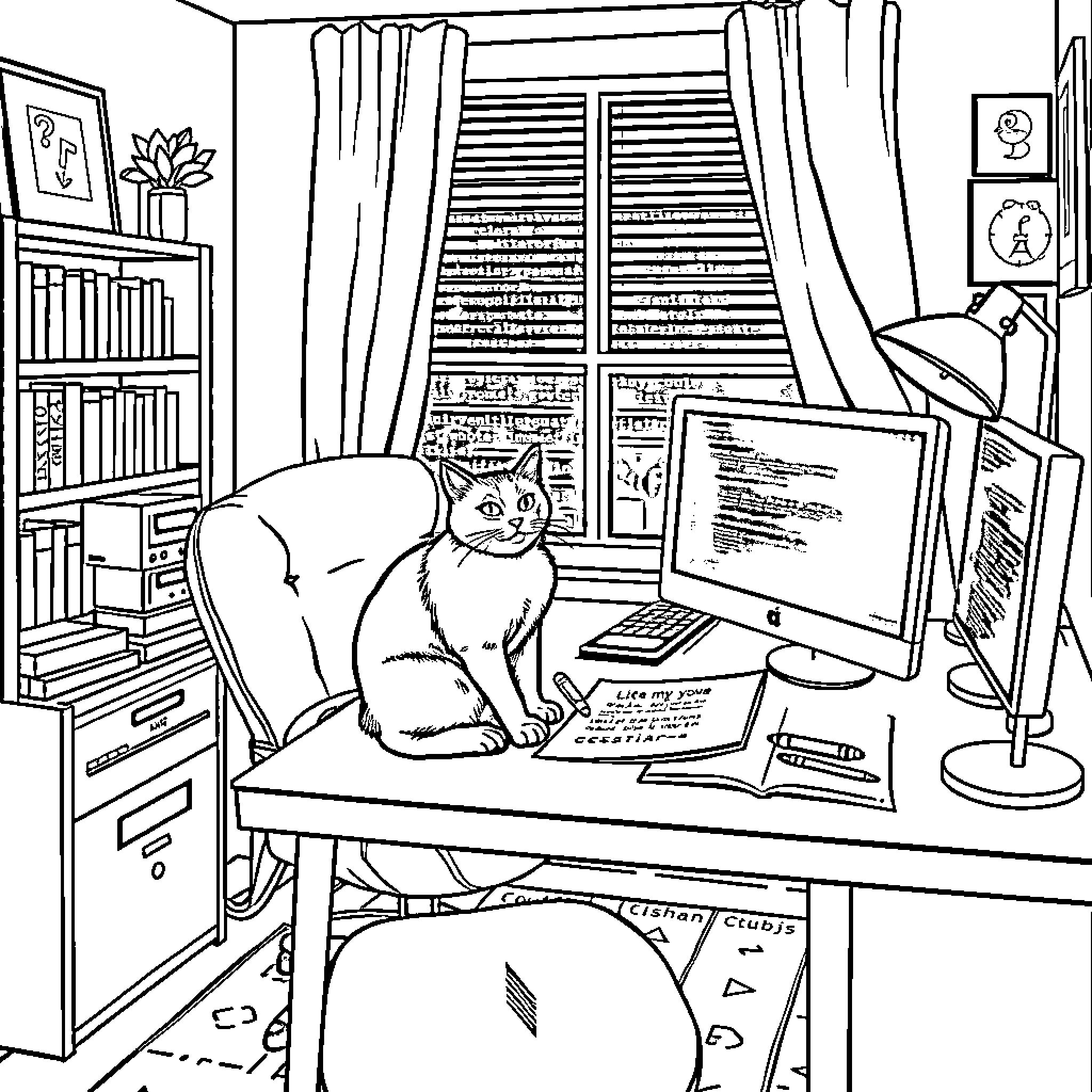 Cat Observing Computer Screen in Home Office Coloring Page (free black-and-white line drawing printable PDF for all, from beginners to advanced learners, including children, teens, adults, and seniors)