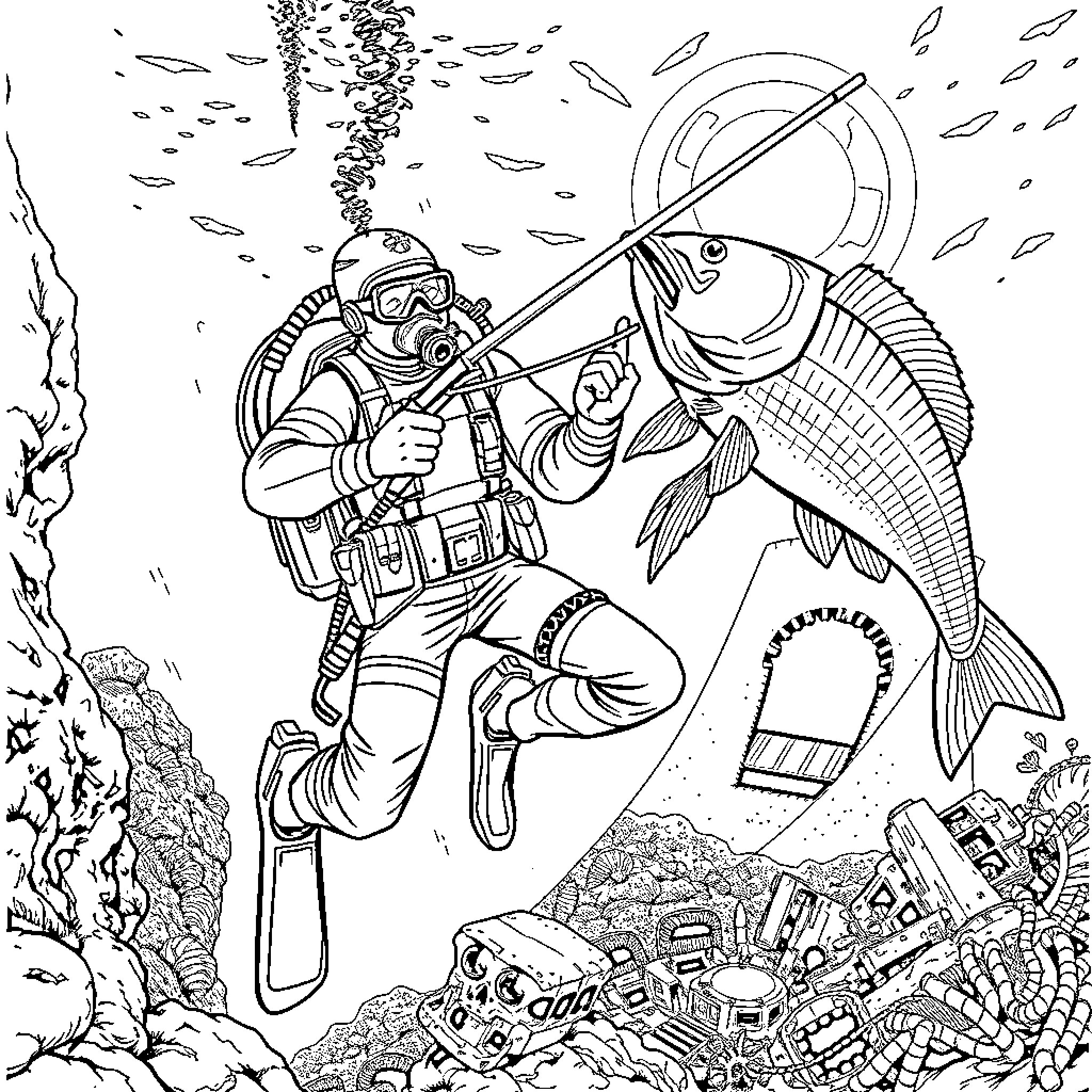 G.I. Joe Underwater Adventure with Aquatic Creatures Coloring Page (free black-and-white line drawing printable PDF for all, from beginners to advanced learners, including children, teens, adults, and seniors)