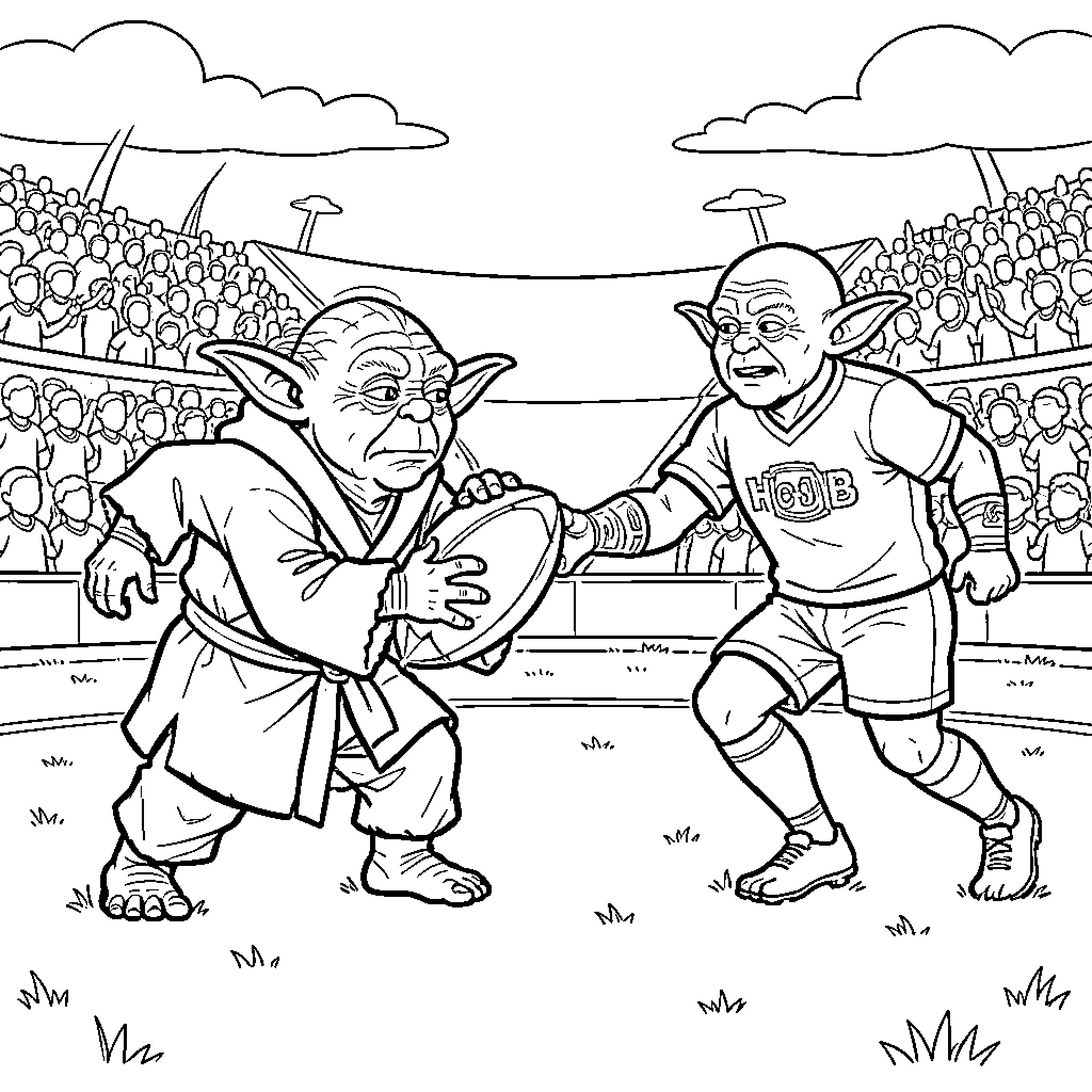 Yoda playing rugby in a crowded stadium Coloring Page (free black-and-white line drawing printable PDF for all, from beginners to advanced learners, including children, teens, adults, and seniors)