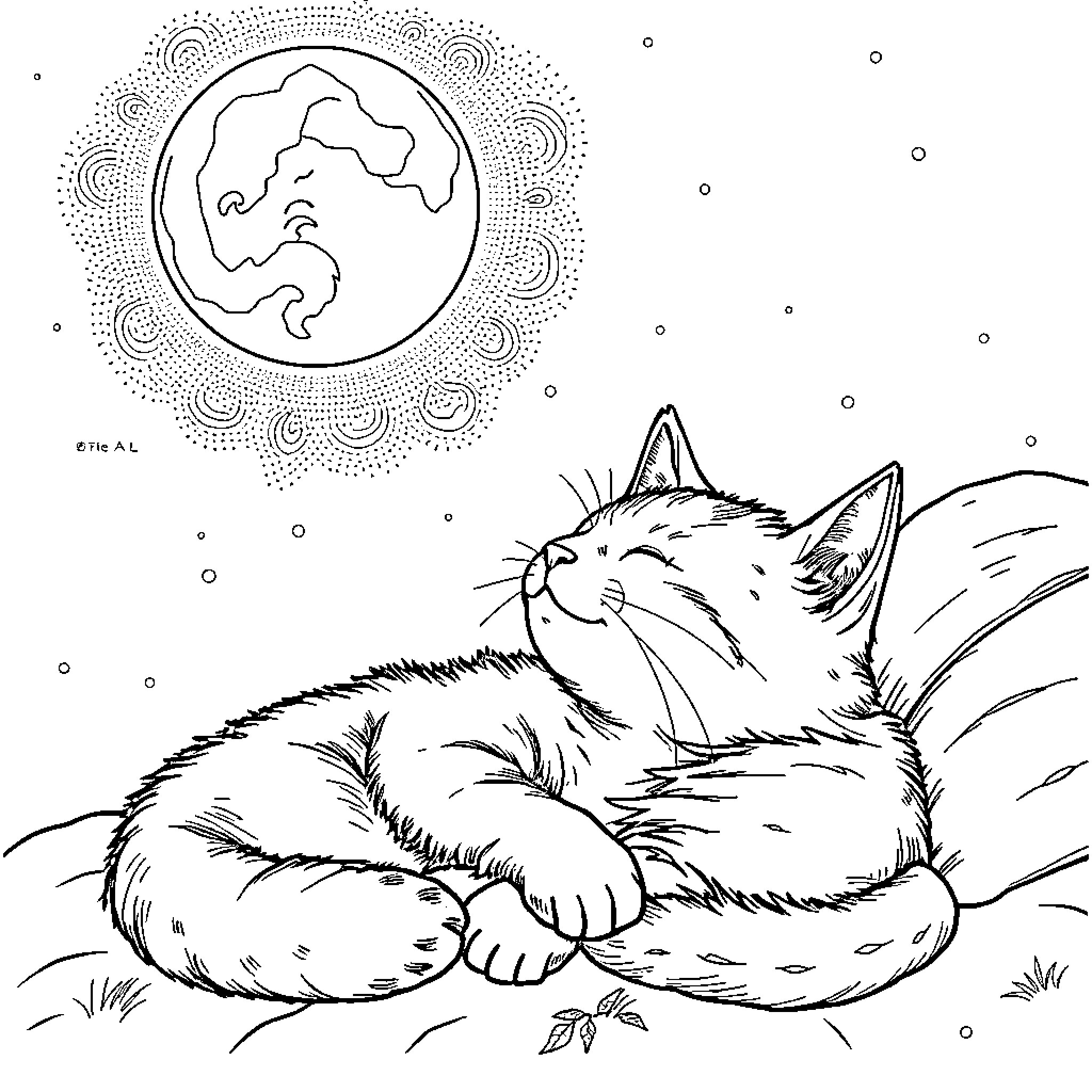 Cat napping peacefully under the moonlight Coloring Page (free black-and-white line drawing printable PDF for all, from beginners to advanced learners, including children, teens, adults, and seniors)