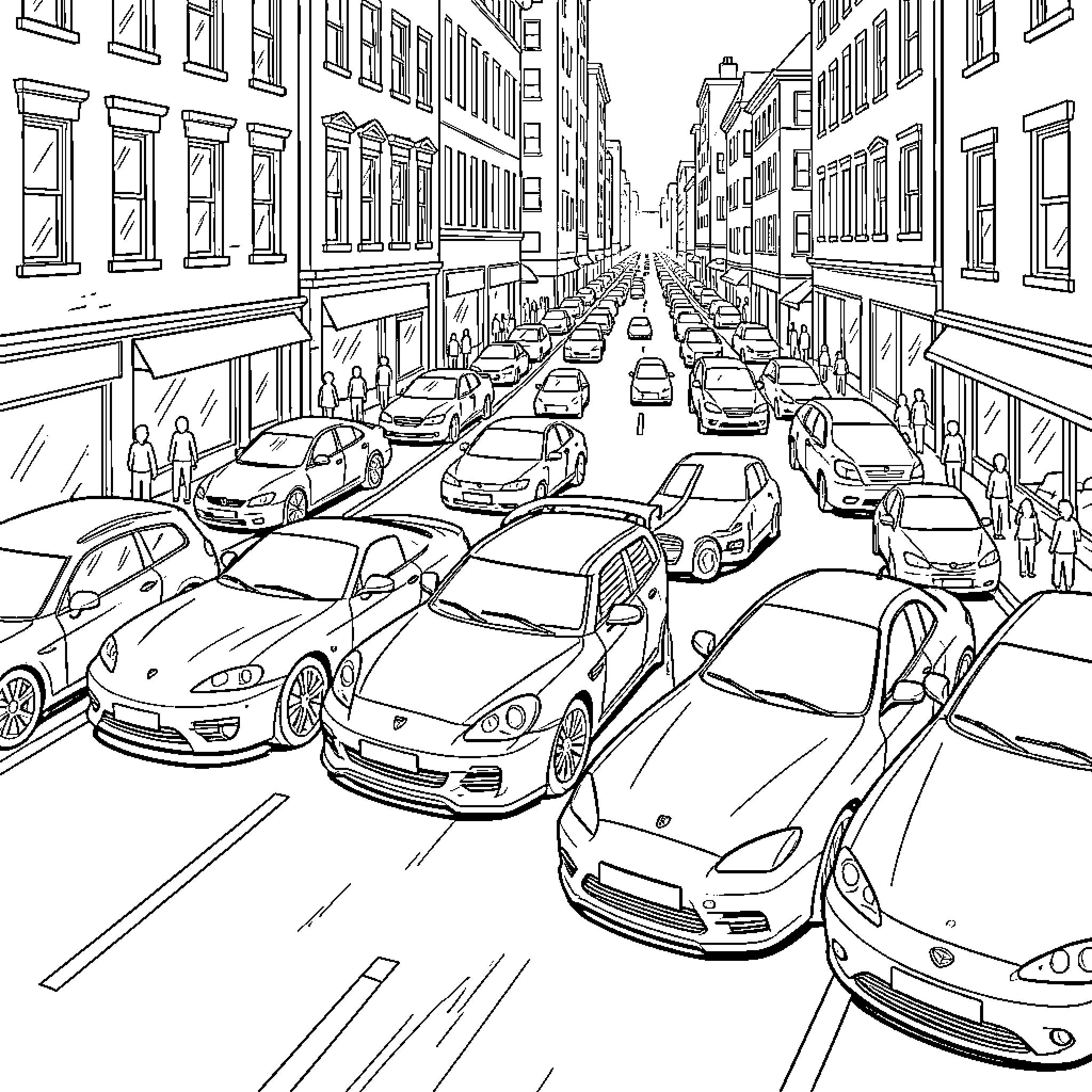 Cars in a Crowded City Street Coloring Page (free black-and-white line drawing printable PDF for all, from beginners to advanced learners, including children, teens, adults, and seniors)