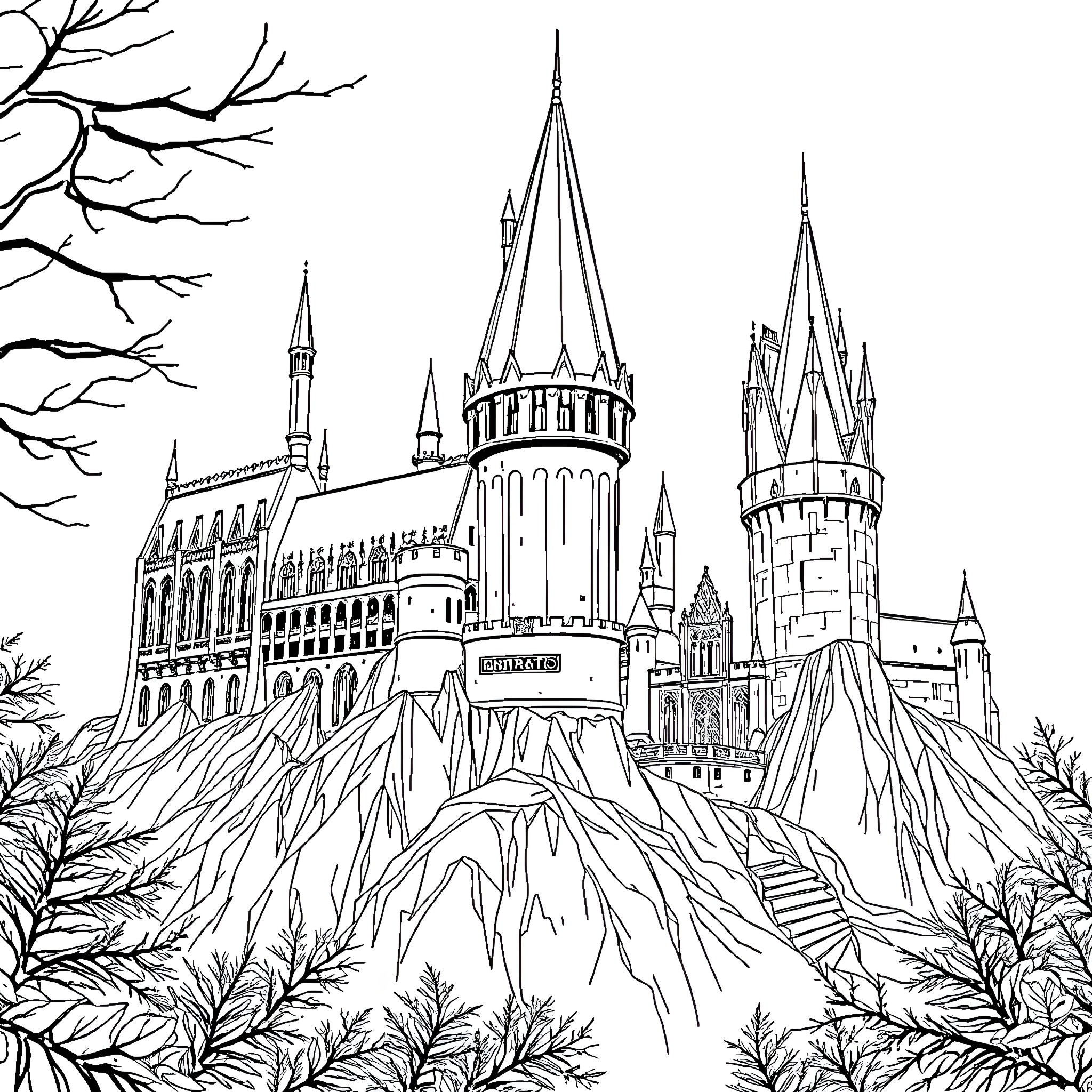 Hogwarts Castle Amid Majestic Peaks and Forests Coloring Page (free black-and-white line drawing printable PDF for all, from beginners to advanced learners, including children, teens, adults, and seniors)