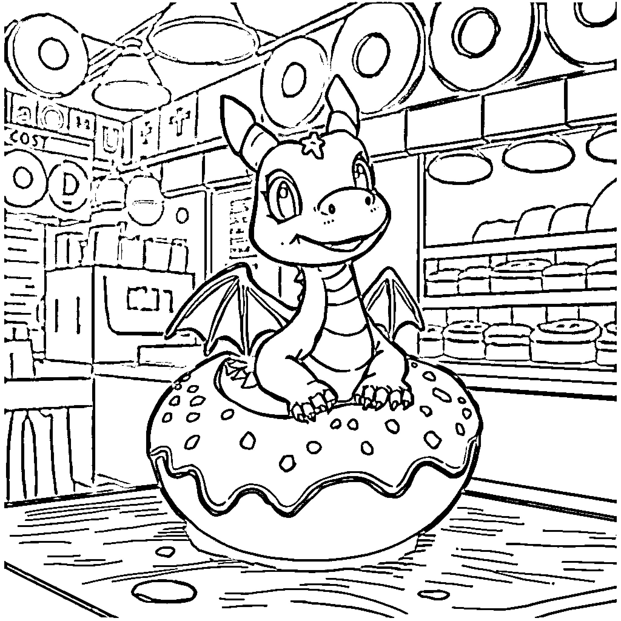 Dragon hatchling exploring a cozy bakery Coloring Page (free black-and-white line drawing printable PDF for all, from beginners to advanced learners, including children, teens, adults, and seniors)
