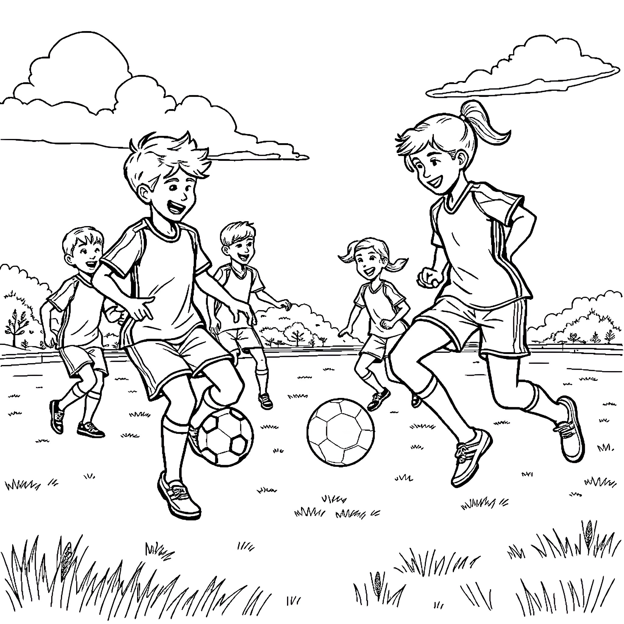 Soccer Players Enjoying a Match in the Park Coloring Page (free black-and-white line drawing printable PDF for all, from beginners to advanced learners, including children, teens, adults, and seniors)