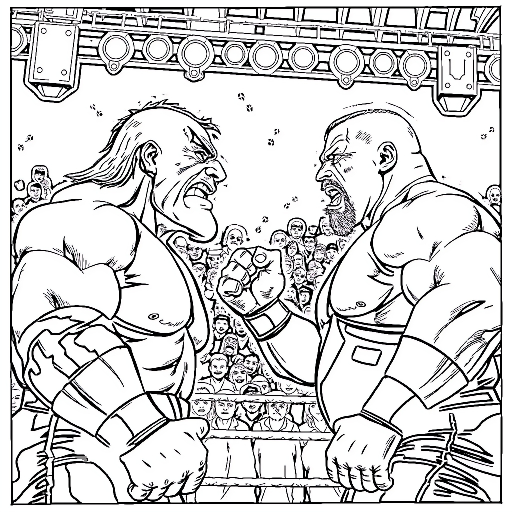 Grimace of Mighty Wrestlers in Battle Arena Coloring Page (free black-and-white line drawing printable PDF for all, from beginners to advanced learners, including children, teens, adults, and seniors)