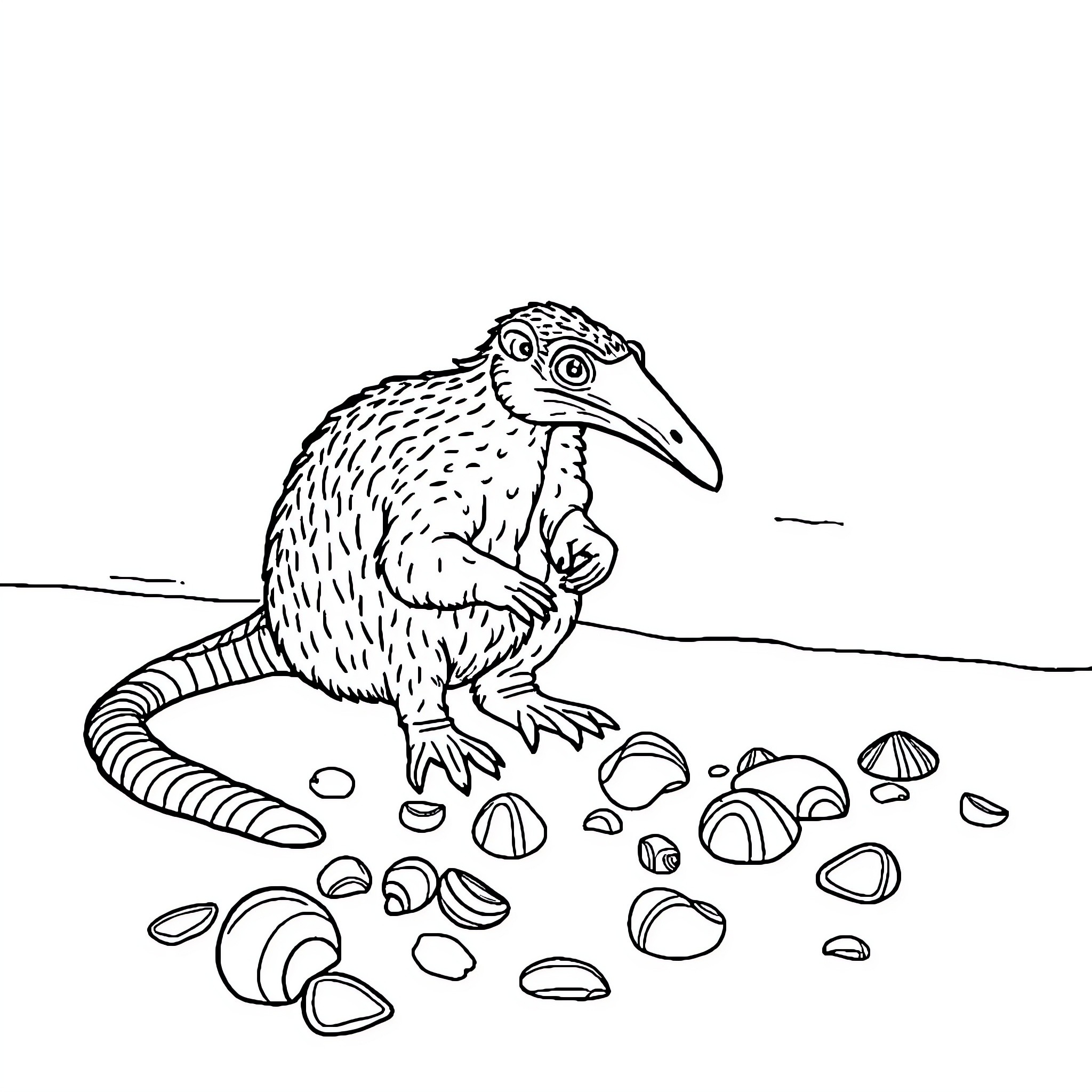 Anteater exploring rocky terrain Coloring Page (free black-and-white line drawing printable PDF for all, from beginners to advanced learners, including children, teens, adults, and seniors)