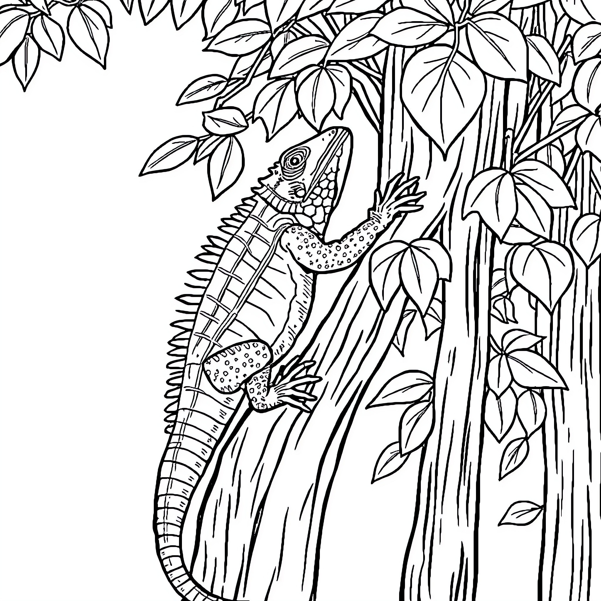 Iguana in tropical foliage Coloring Page (free black-and-white line drawing printable PDF for all, from beginners to advanced learners, including children, teens, adults, and seniors)