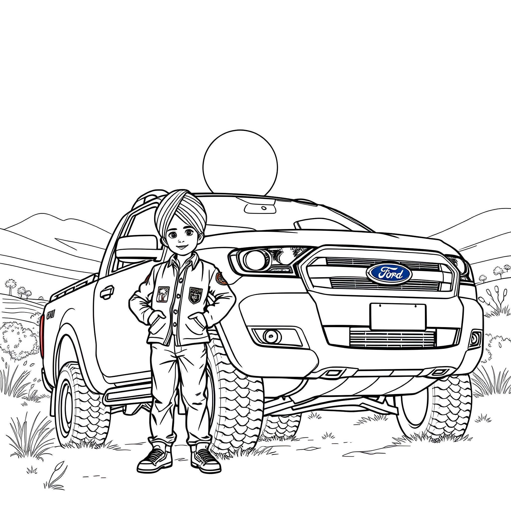 Boy exploring the great outdoors with his off-road vehicle Coloring Page (free black-and-white line drawing printable PDF for all, from beginners to advanced learners, including children, teens, adults, and seniors)