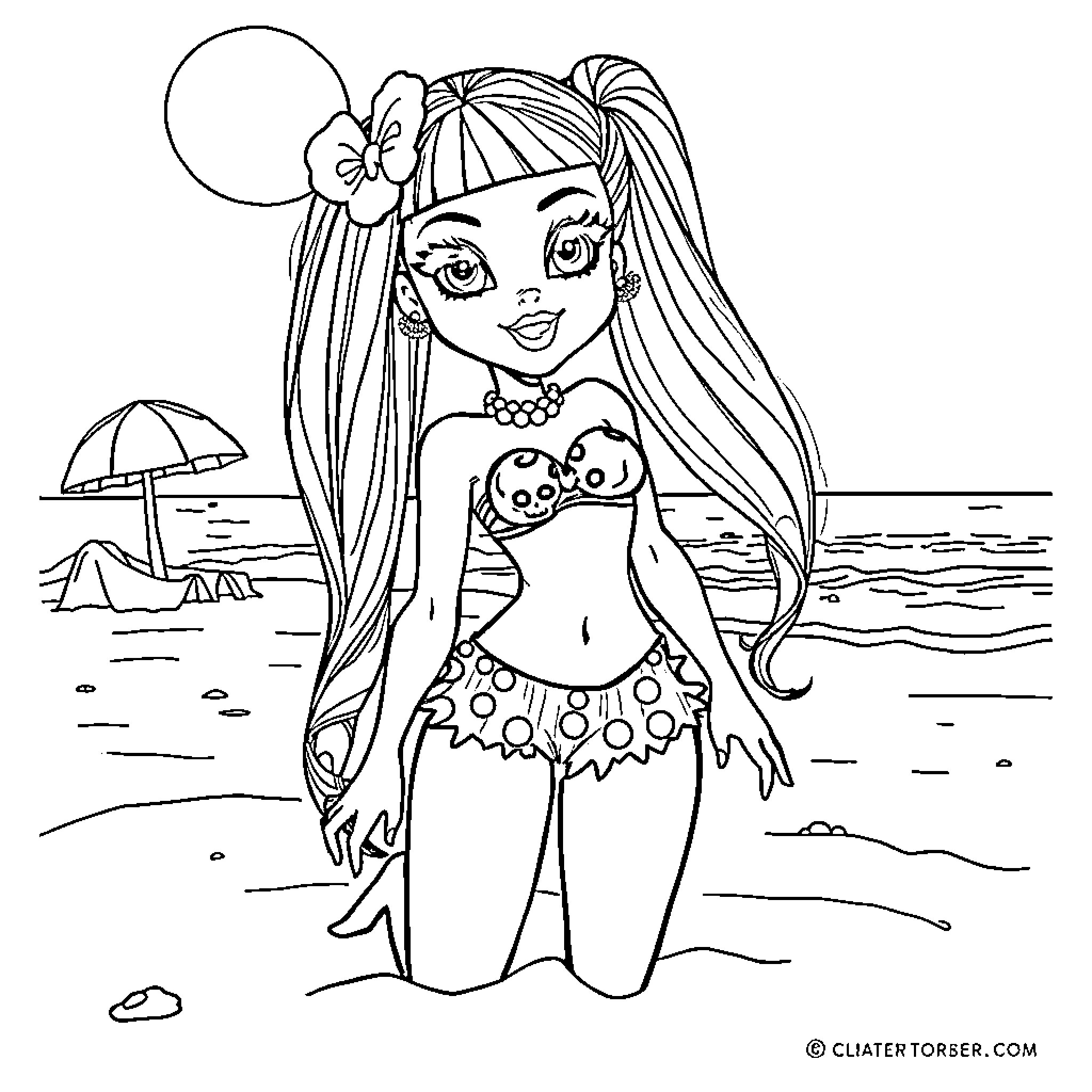 Draculaura enjoying a sunny beach day Coloring Page (free black-and-white line drawing printable PDF for all, from beginners to advanced learners, including children, teens, adults, and seniors)