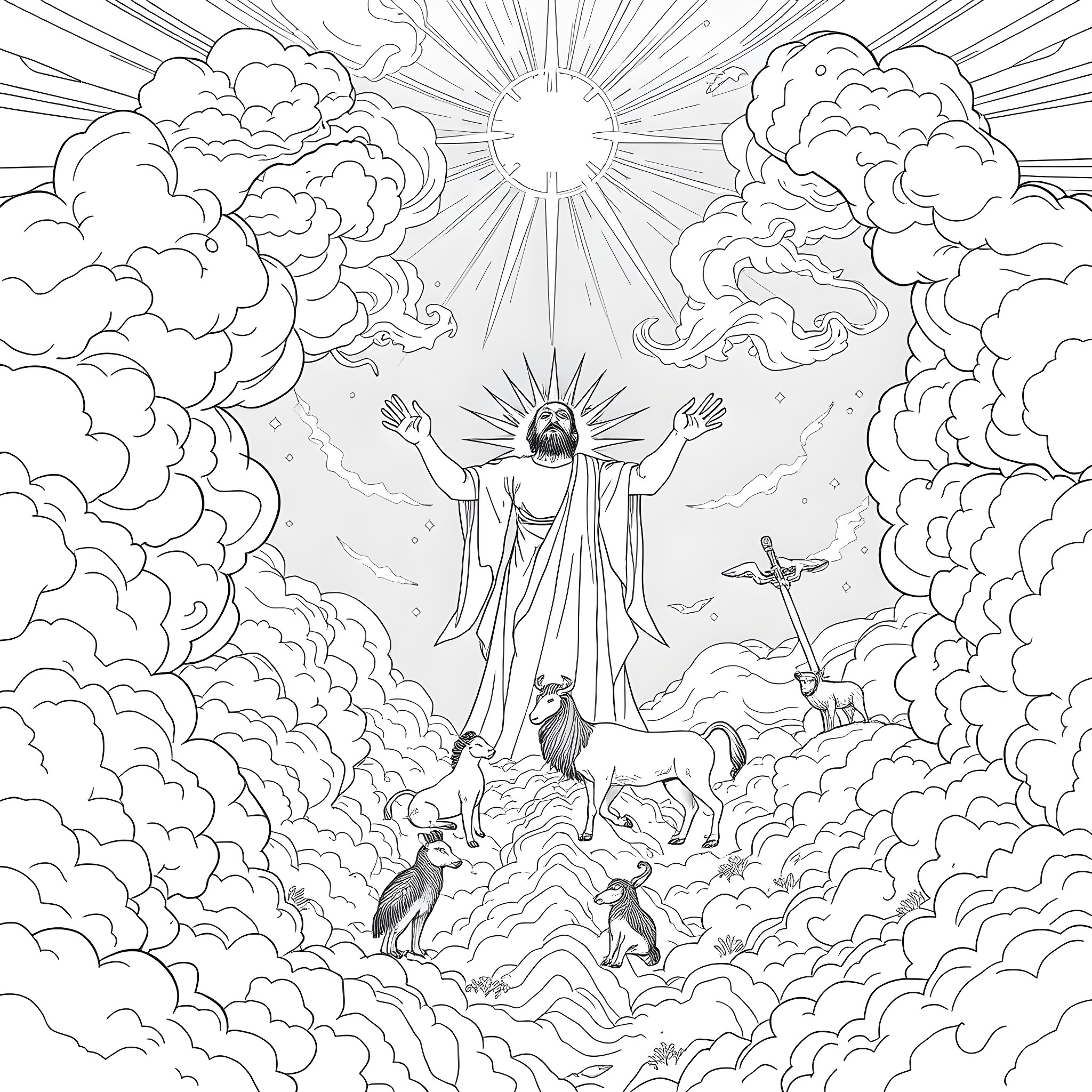 God's Glory Shines upon the Faithful Coloring Page (free black-and-white line drawing printable PDF for all, from beginners to advanced learners, including children, teens, adults, and seniors)