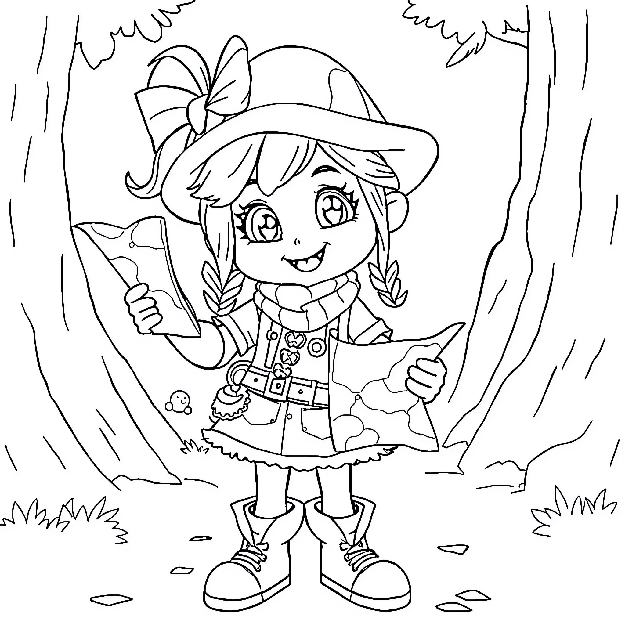 Wenda exploring the forest with a smile Coloring Page (free black-and-white line drawing printable PDF for all, from beginners to advanced learners, including children, teens, adults, and seniors)