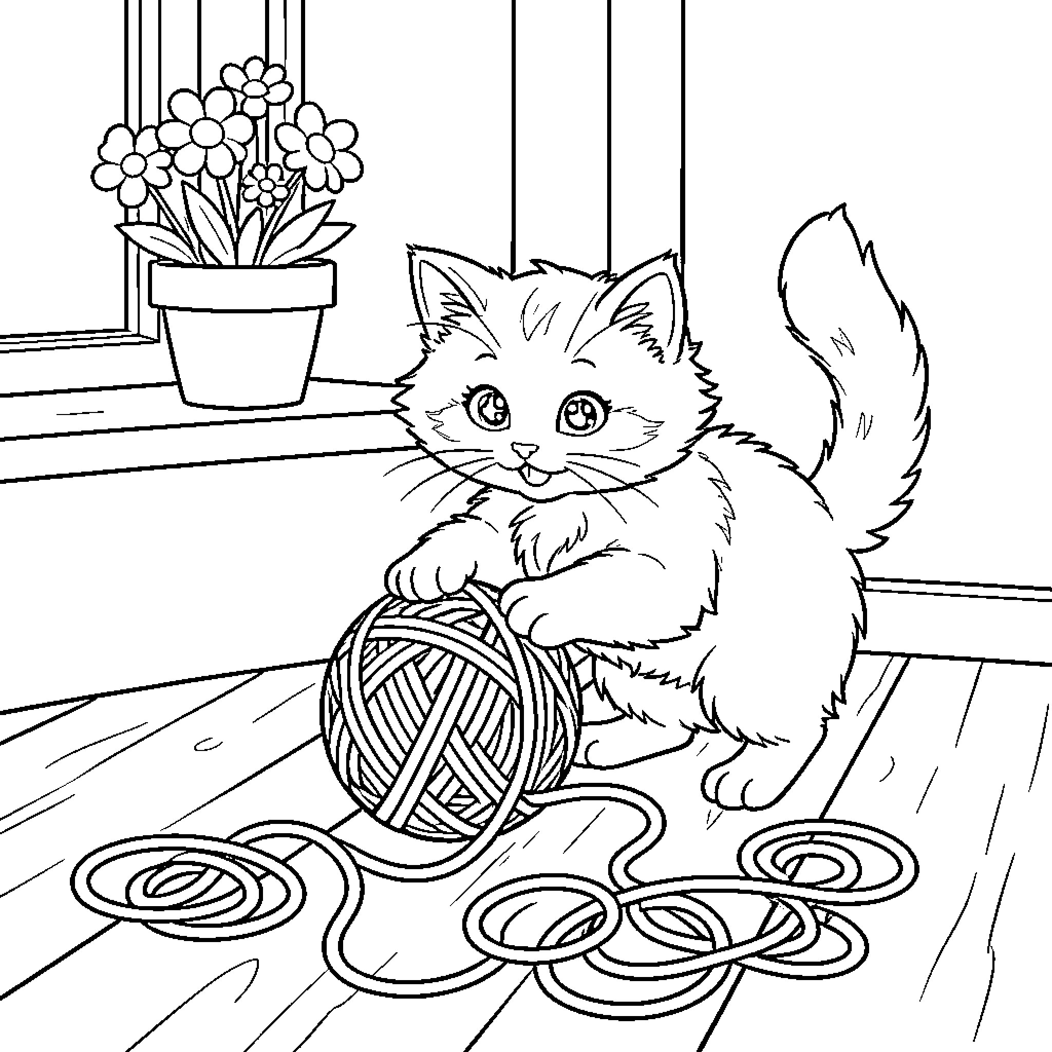 Kitten Playing with Yarn in Cozy Room Coloring Page (free black-and-white line drawing printable PDF for all, from beginners to advanced learners, including children, teens, adults, and seniors)