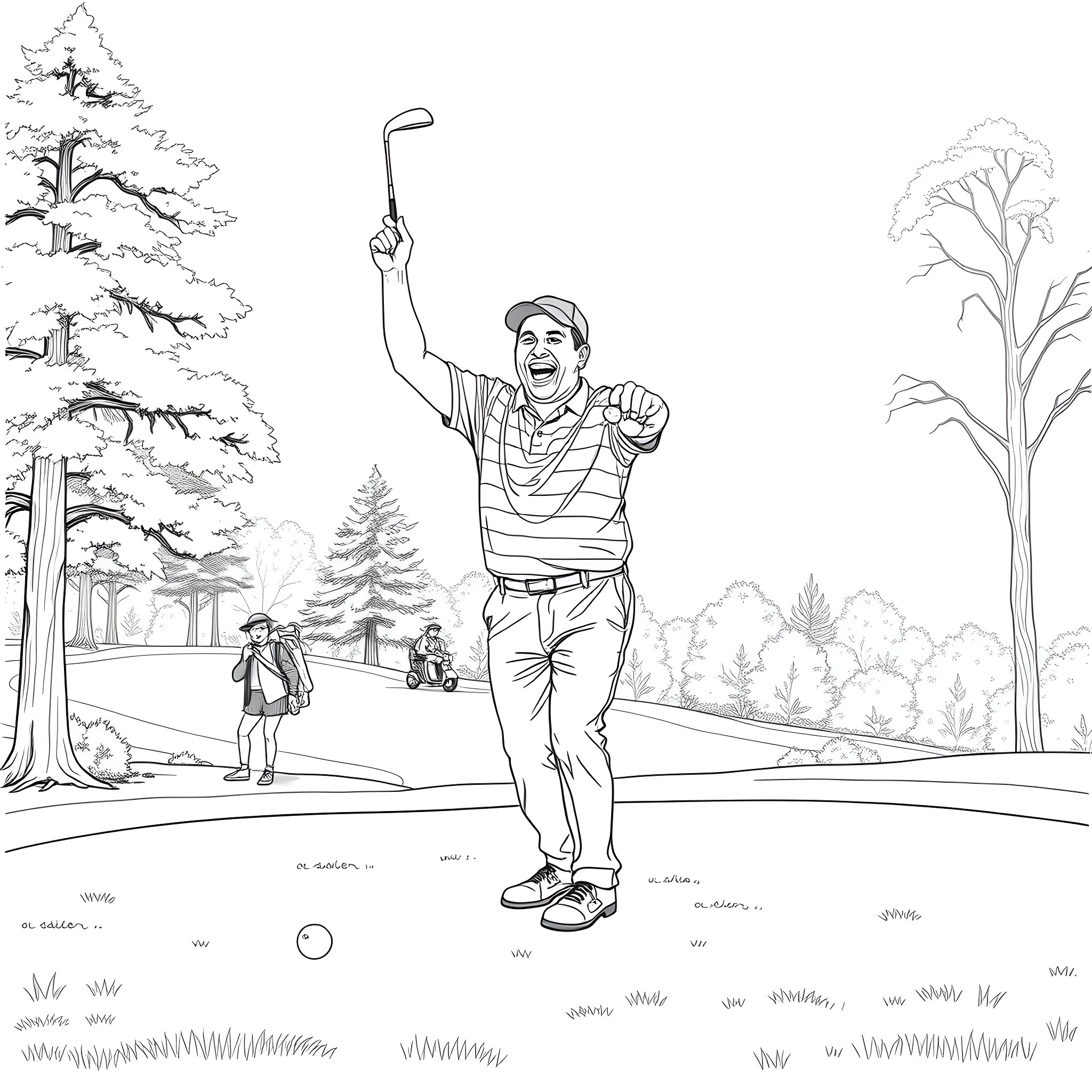 Adam Sandler golfing enthusiastically in the woods Coloring Page (free black-and-white line drawing printable PDF for all, from beginners to advanced learners, including children, teens, adults, and seniors)