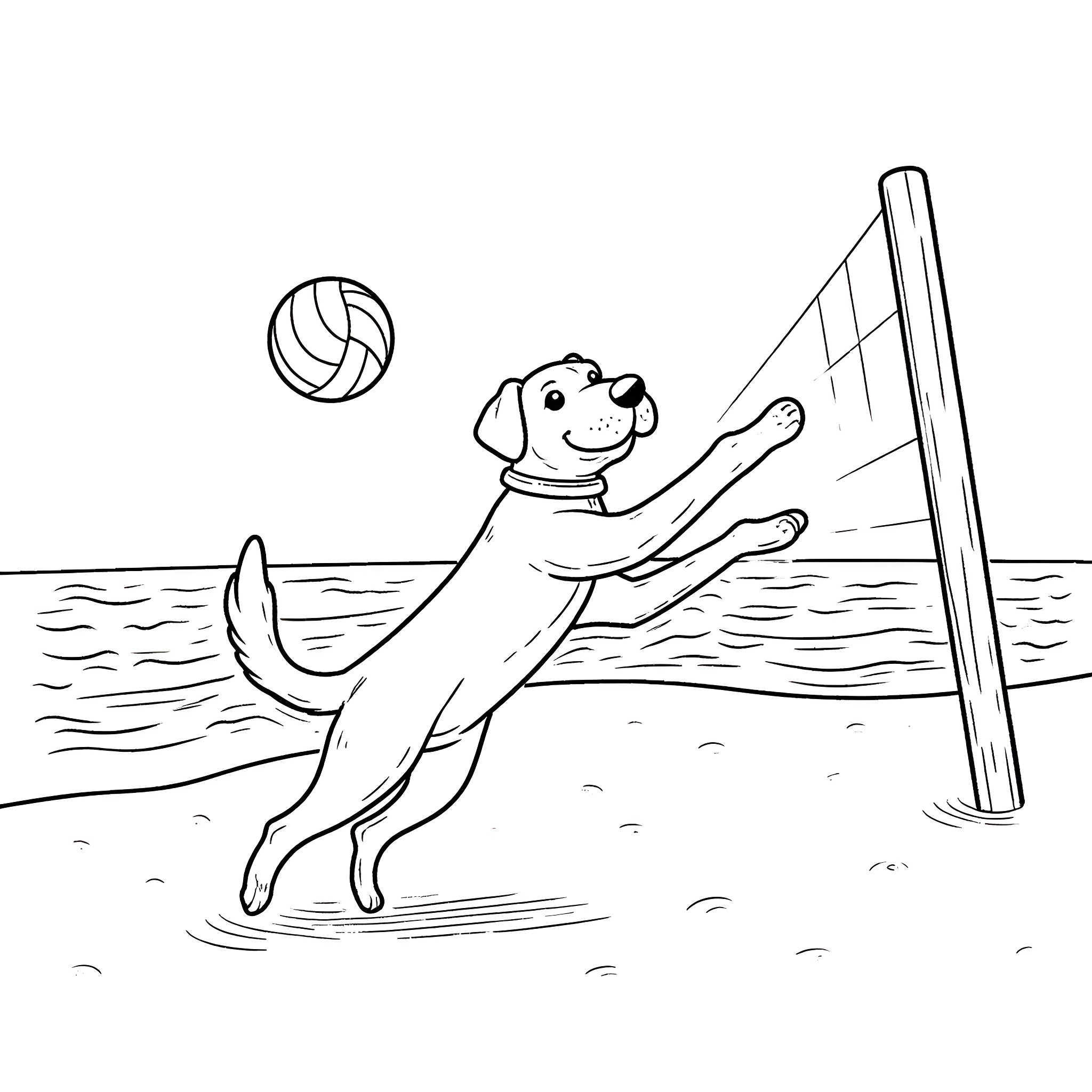 Labrador playing fetch on the beach Coloring Page (free black-and-white line drawing printable PDF for all, from beginners to advanced learners, including children, teens, adults, and seniors)