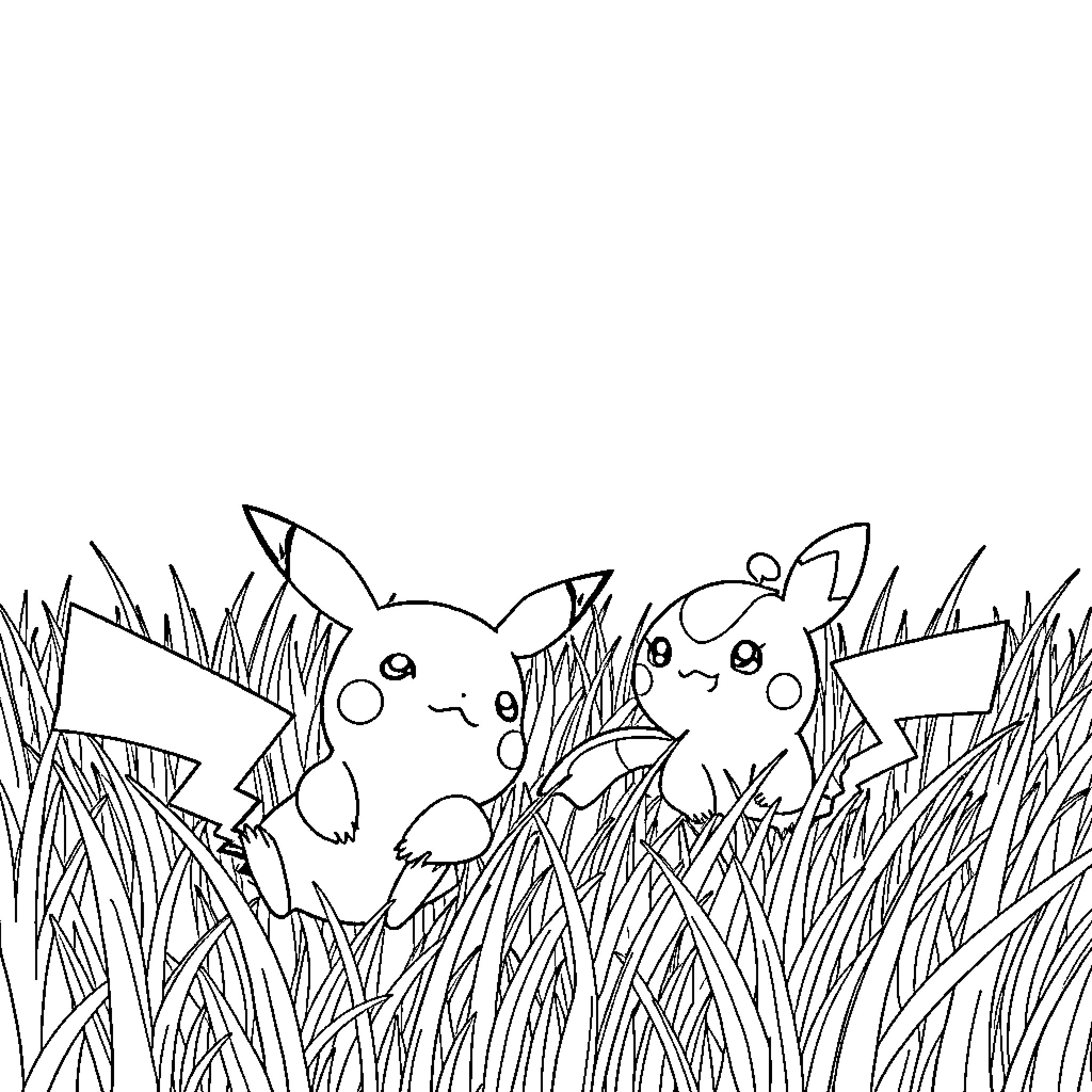 Pikachu playing in the tall grass Coloring Page (free black-and-white line drawing printable PDF for all, from beginners to advanced learners, including children, teens, adults, and seniors)
