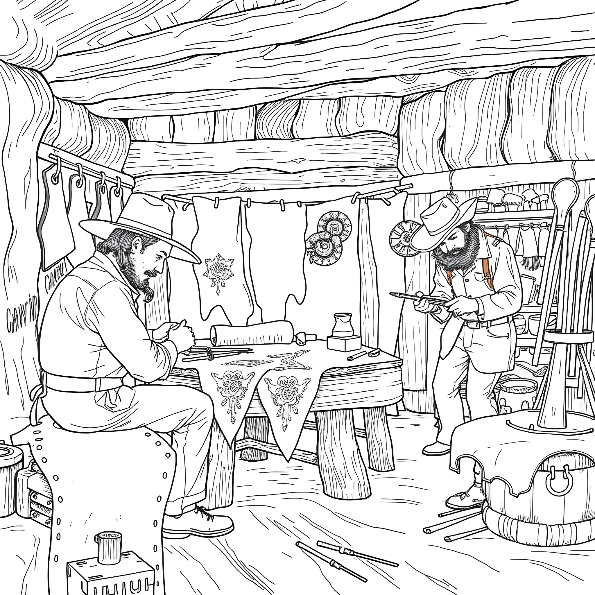 Tool Craftsmen at Work in Rustic Workshop Coloring Page (free black-and-white line drawing printable PDF for all, from beginners to advanced learners, including children, teens, adults, and seniors)
