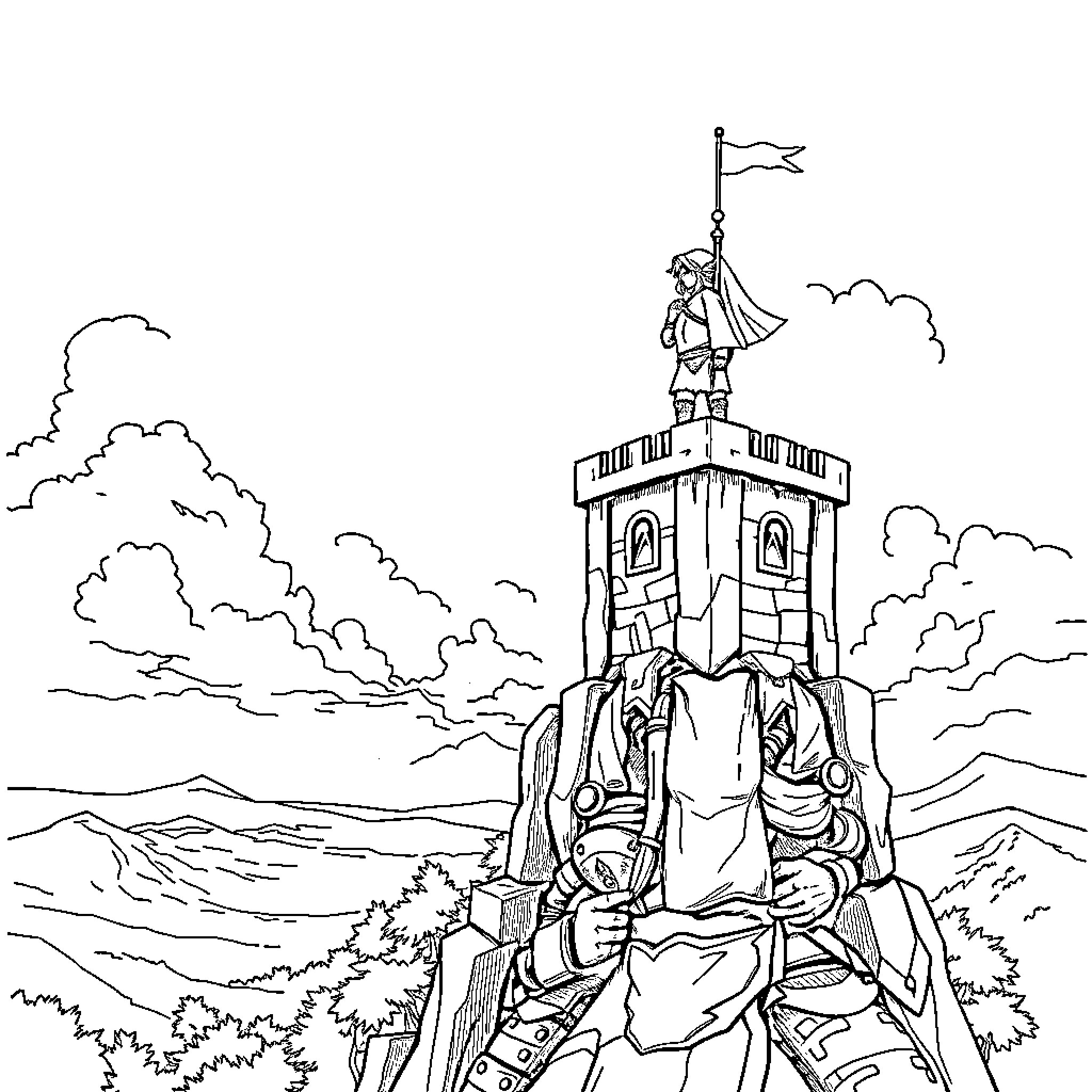 Link standing atop castle tower with flags Coloring Page (free black-and-white line drawing printable PDF for all, from beginners to advanced learners, including children, teens, adults, and seniors)