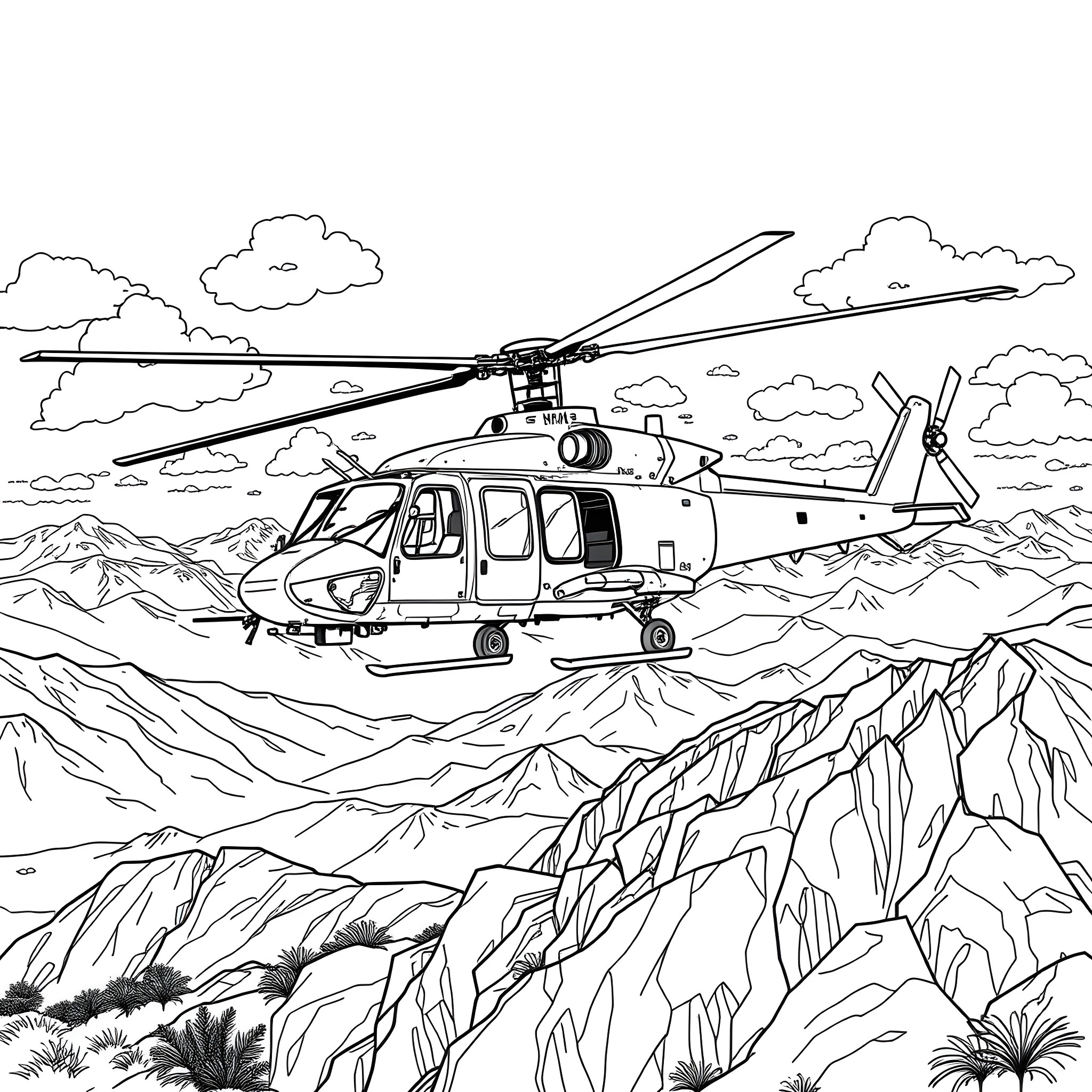 Helicopter soaring above rugged mountain landscape Coloring Page (free black-and-white line drawing printable PDF for all, from beginners to advanced learners, including children, teens, adults, and seniors)