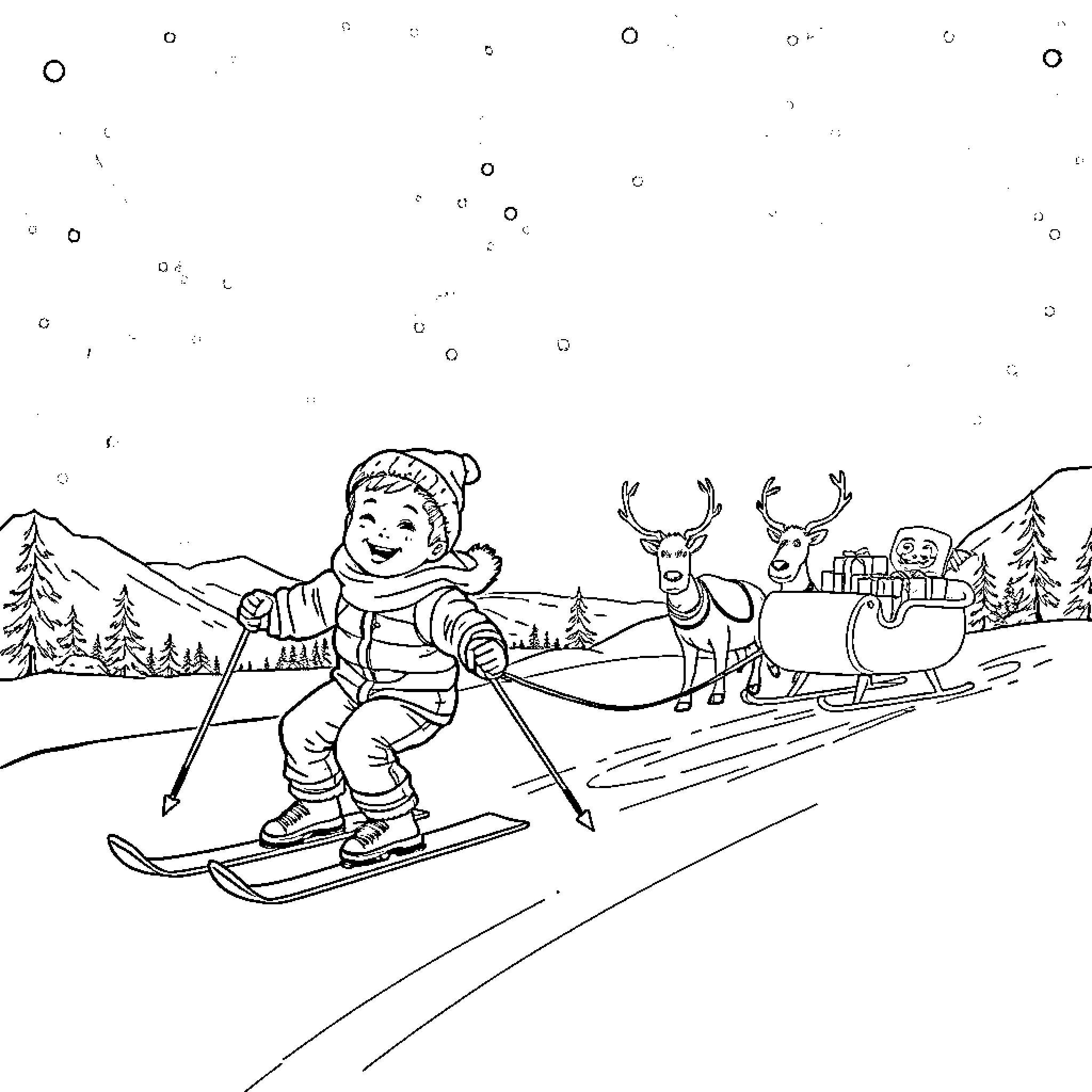 Boy skiing on snowy mountain with reindeer and sleigh Coloring Page (free black-and-white line drawing printable PDF for all, from beginners to advanced learners, including children, teens, adults, and seniors)