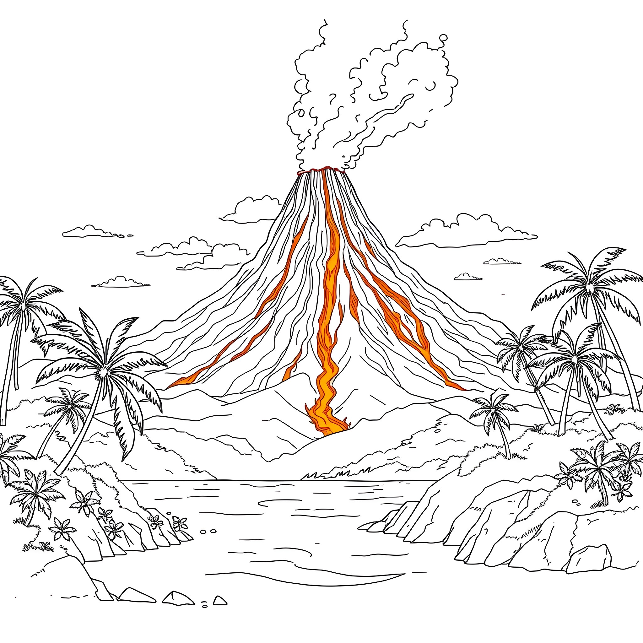 Volcano erupting in tropical island landscape Coloring Page (free black-and-white line drawing printable PDF for all, from beginners to advanced learners, including children, teens, adults, and seniors)