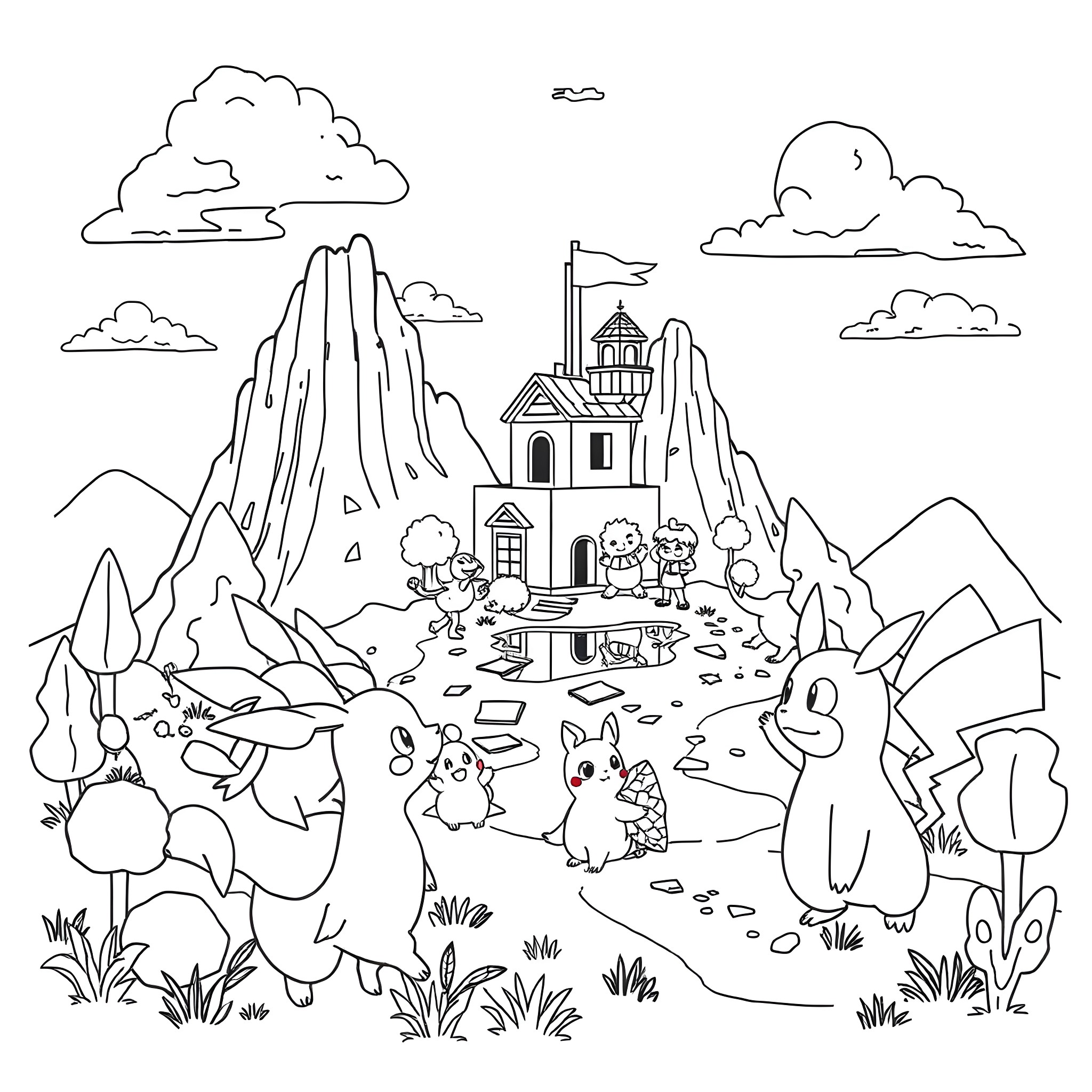 Pokémon characters in a scenic mountain landscape Coloring Page (free black-and-white line drawing printable PDF for all, from beginners to advanced learners, including children, teens, adults, and seniors)