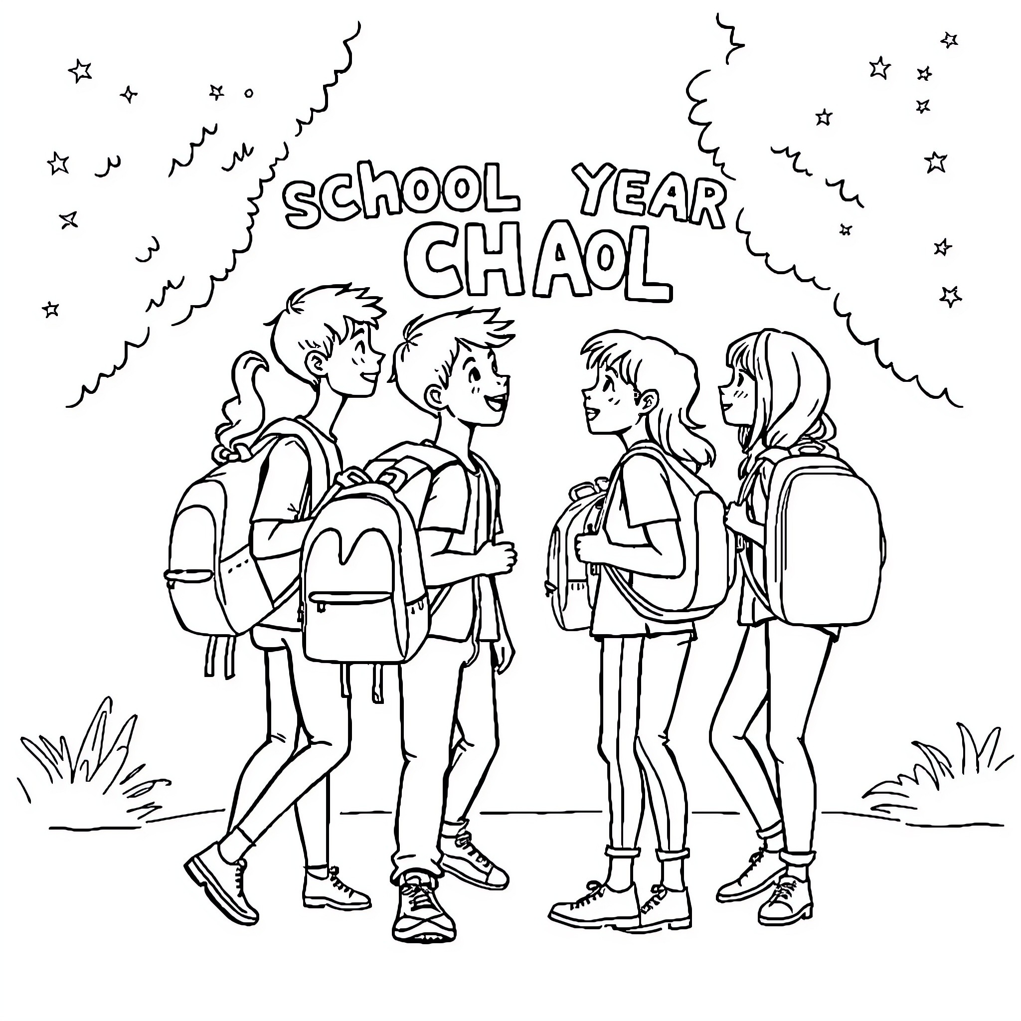 School Year Chaos with Students Coloring Page (free black-and-white line drawing printable PDF for all, from beginners to advanced learners, including children, teens, adults, and seniors)