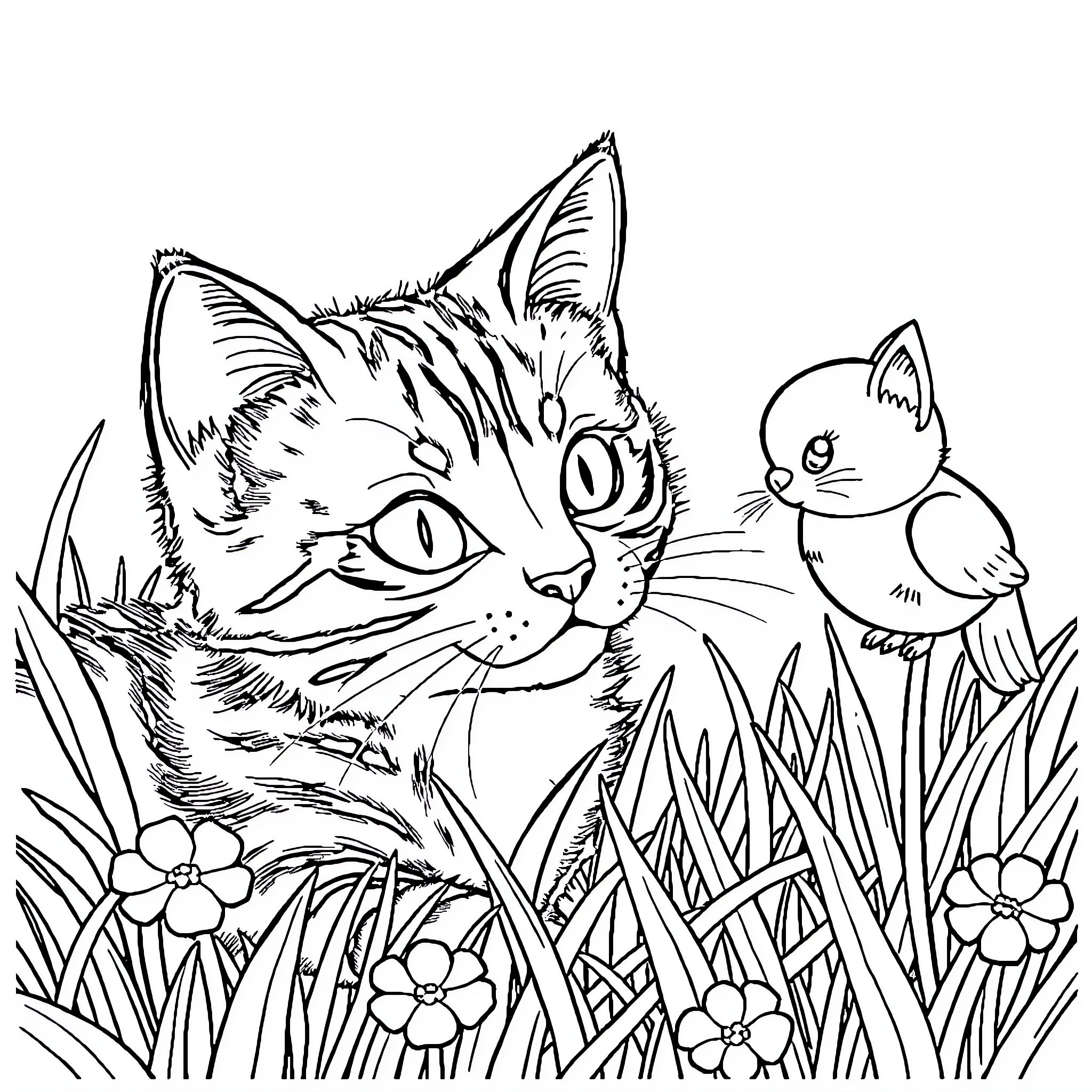 Cat Resting Amidst Flowers and Foliage Coloring Page (free black-and-white line drawing printable PDF for all, from beginners to advanced learners, including children, teens, adults, and seniors)
