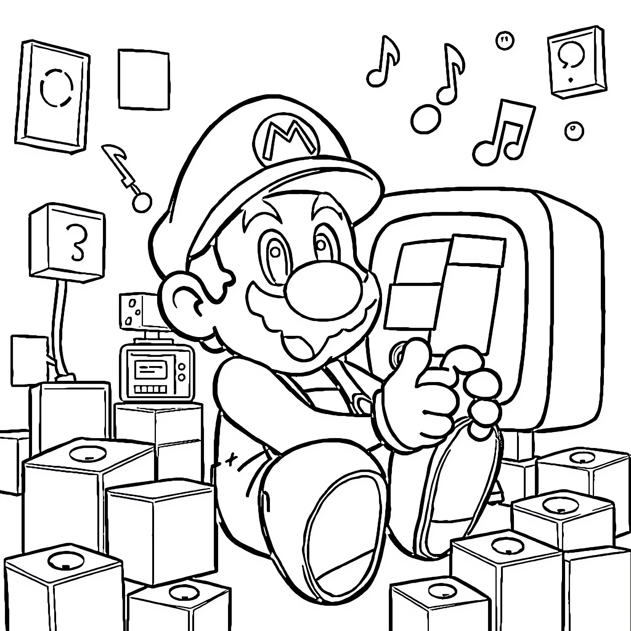 Mario Enjoys Music and Gaming in his Room Coloring Page (free black-and-white line drawing printable PDF for all, from beginners to advanced learners, including children, teens, adults, and seniors)
