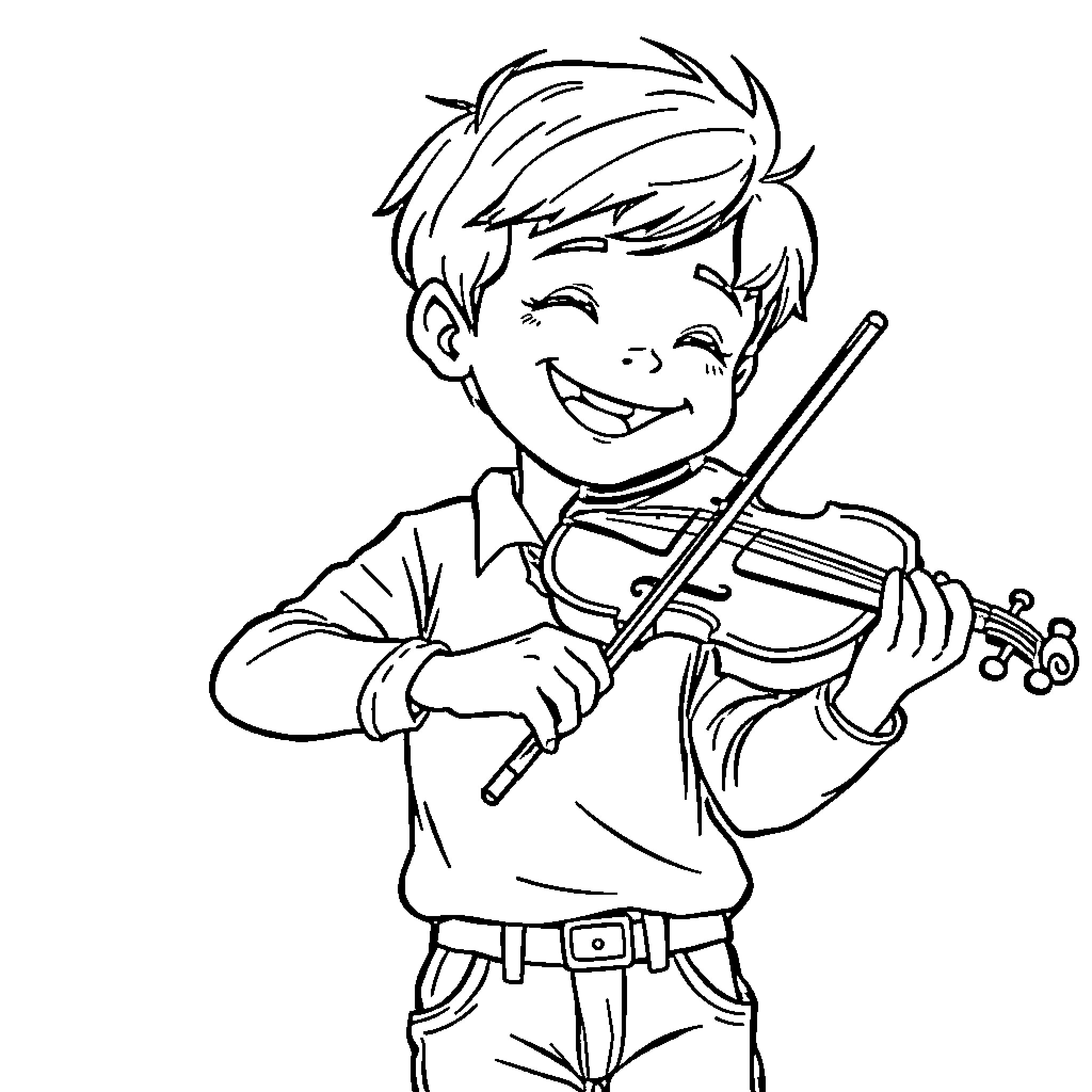 Boy happily playing the violin Coloring Page (free black-and-white line drawing printable PDF for all, from beginners to advanced learners, including children, teens, adults, and seniors)