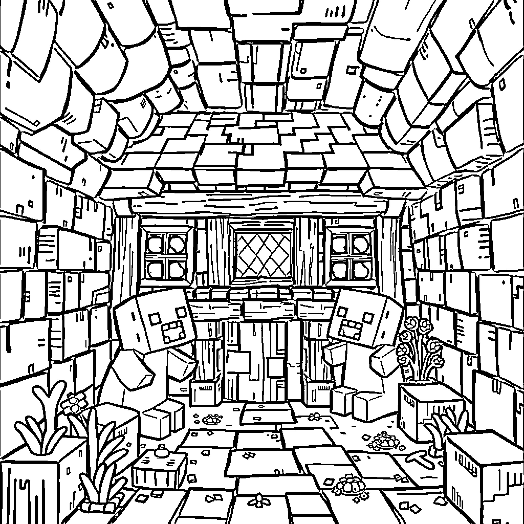 Minecraft Dungeon Exploration with Detailed Surroundings Coloring Page (free black-and-white line drawing printable PDF for all, from beginners to advanced learners, including children, teens, adults, and seniors)