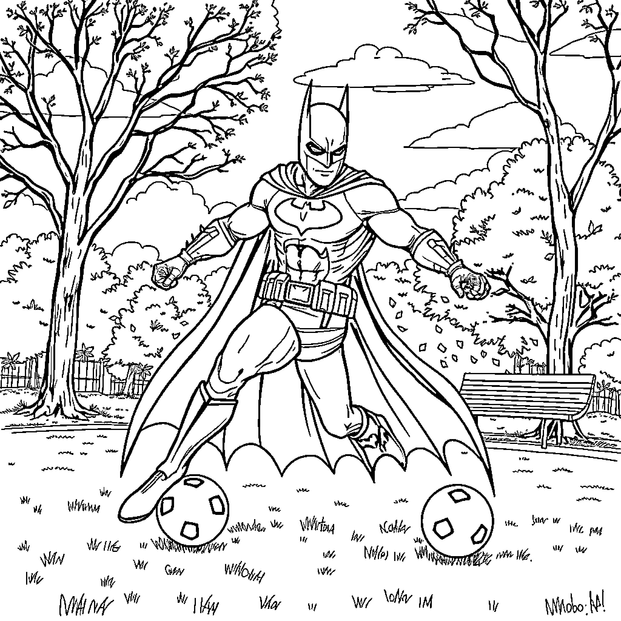 Batman defeating villains in the park Coloring Page (free black-and-white line drawing printable PDF for all, from beginners to advanced learners, including children, teens, adults, and seniors)
