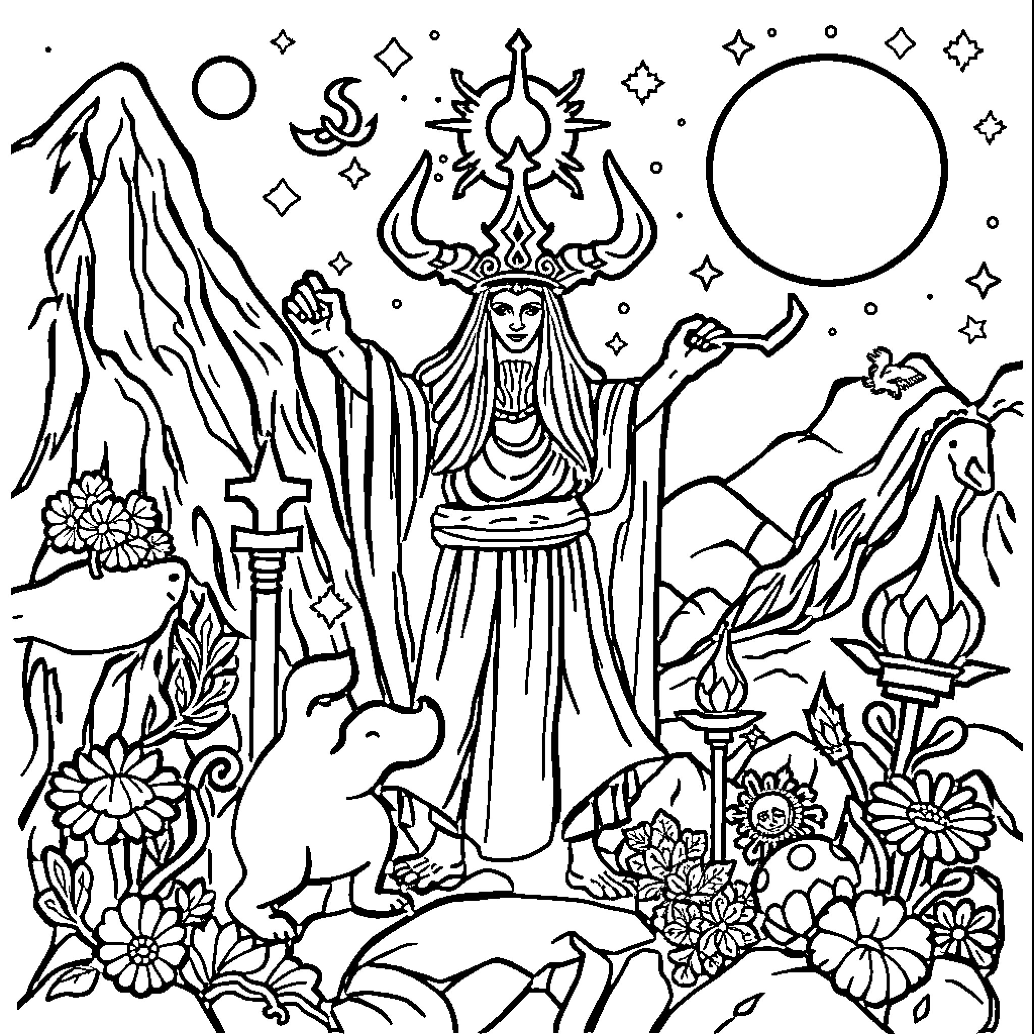 Esoteric Drawings of a Mystical Goddess Figure Coloring Page (free black-and-white line drawing printable PDF for all, from beginners to advanced learners, including children, teens, adults, and seniors)