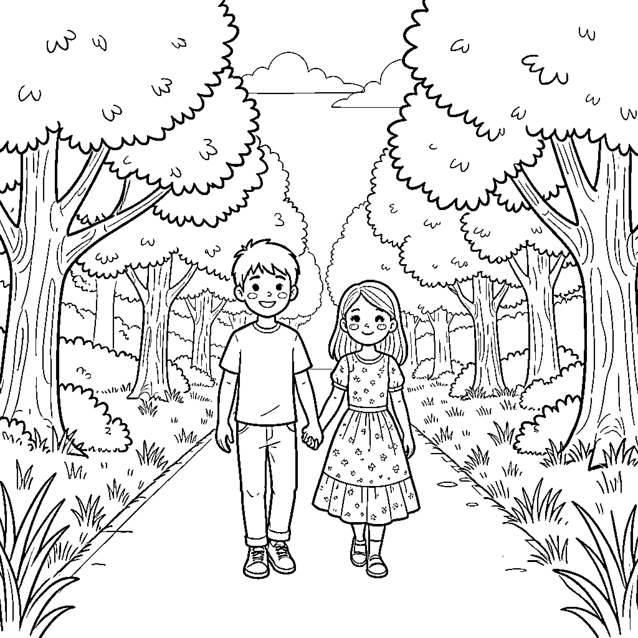 Boy and Girl Exploring the Whimsical Forest Coloring Page (free black-and-white line drawing printable PDF for all, from beginners to advanced learners, including children, teens, adults, and seniors)
