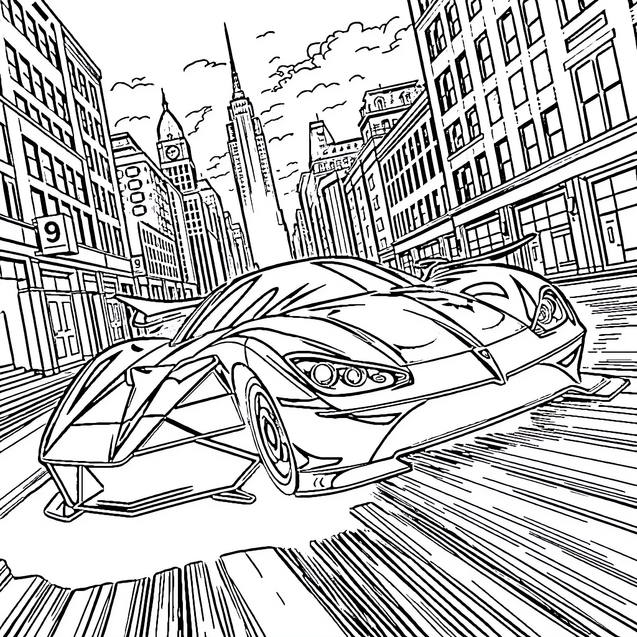 Batman races through the city in a futuristic vehicle Coloring Page (free black-and-white line drawing printable PDF for all, from beginners to advanced learners, including children, teens, adults, and seniors)