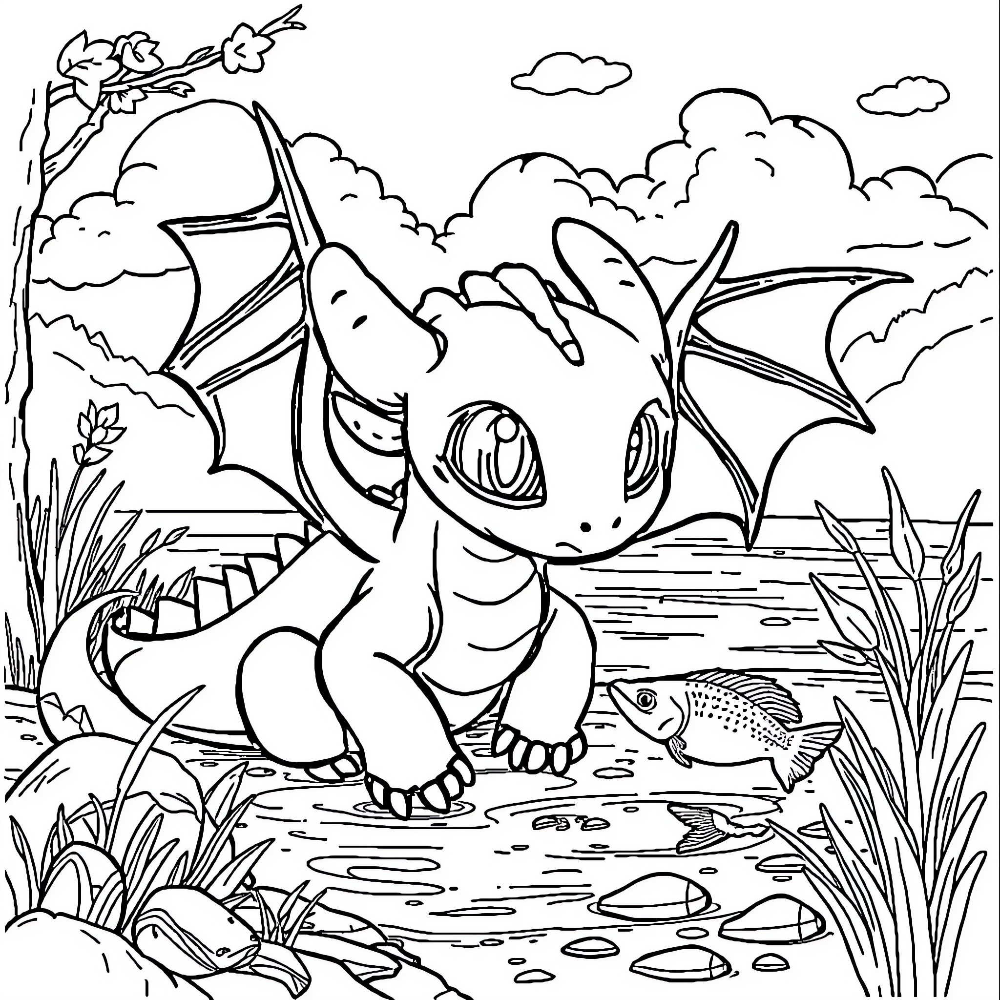 Toothless exploring the wondrous nature Coloring Page (free black-and-white line drawing printable PDF for all, from beginners to advanced learners, including children, teens, adults, and seniors)