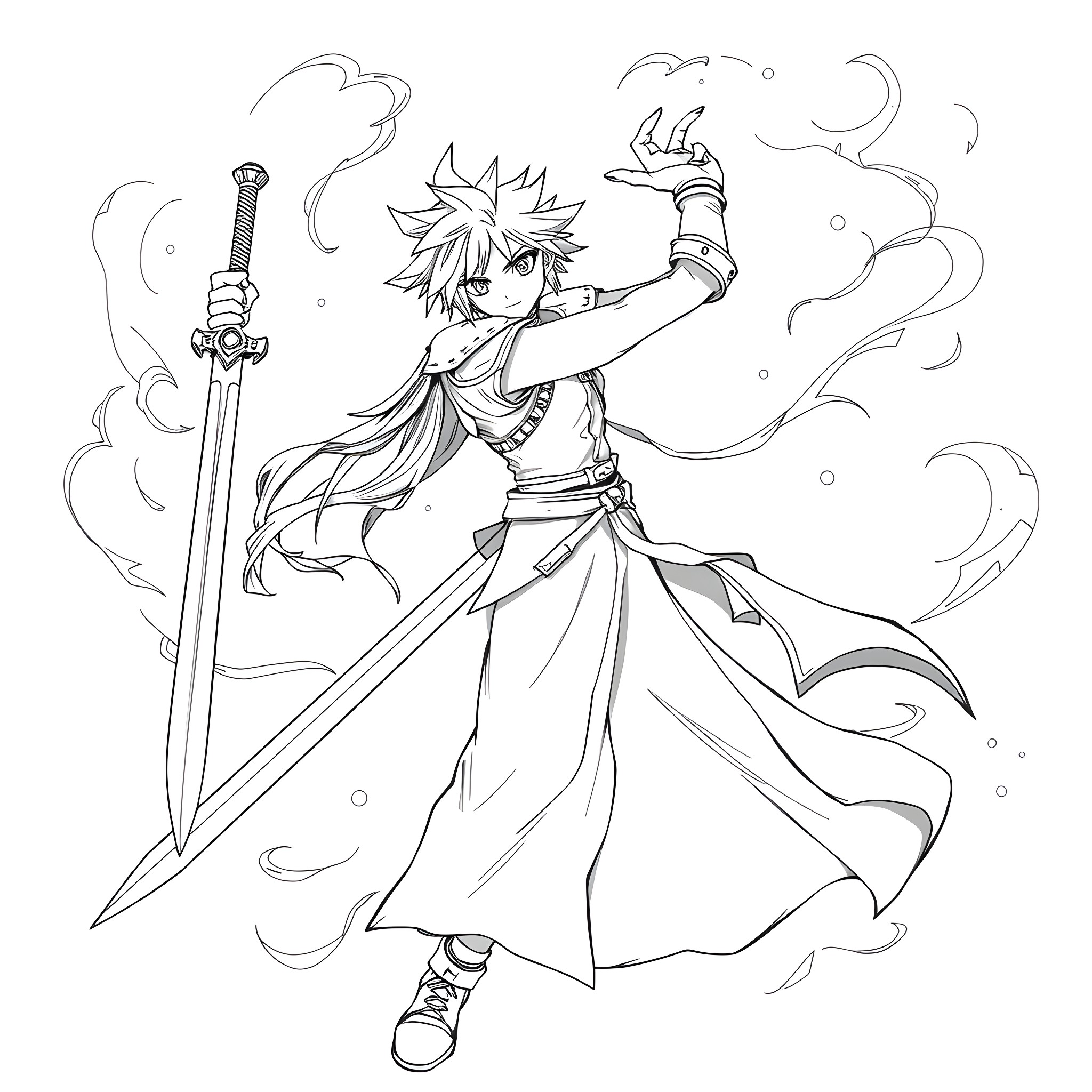 Cloud Strife in a heroic battle stance Coloring Page (free black-and-white line drawing printable PDF for all, from beginners to advanced learners, including children, teens, adults, and seniors)