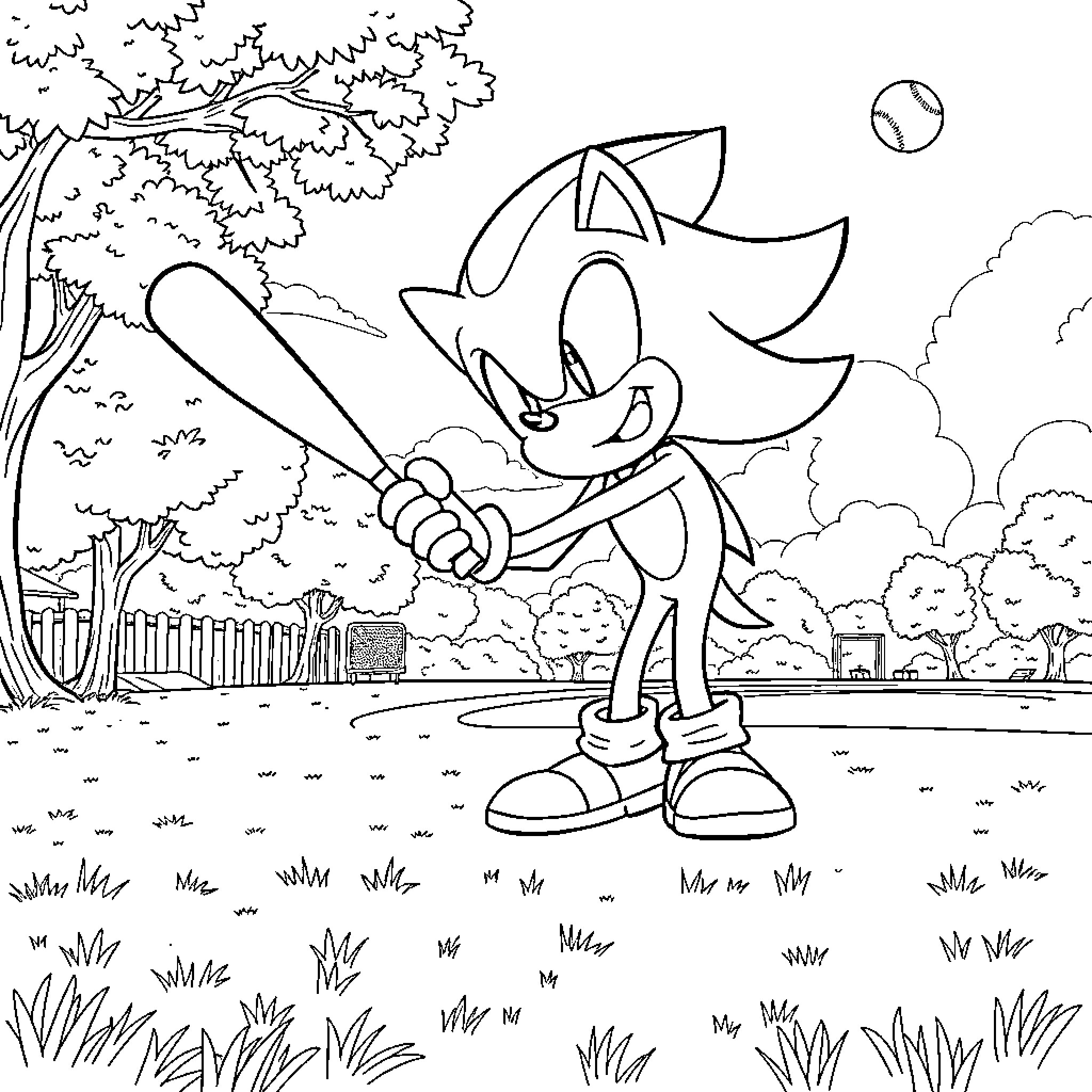 Shadow of Sonic the Hedgehog playing baseball Coloring Page (free black-and-white line drawing printable PDF for all, from beginners to advanced learners, including children, teens, adults, and seniors)