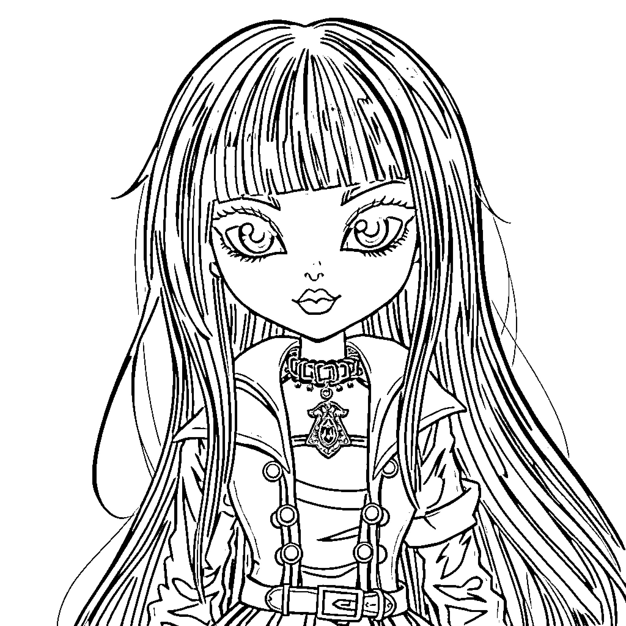Doll with long hair and goth outfit Coloring Page (free black-and-white line drawing printable PDF for all, from beginners to advanced learners, including children, teens, adults, and seniors)