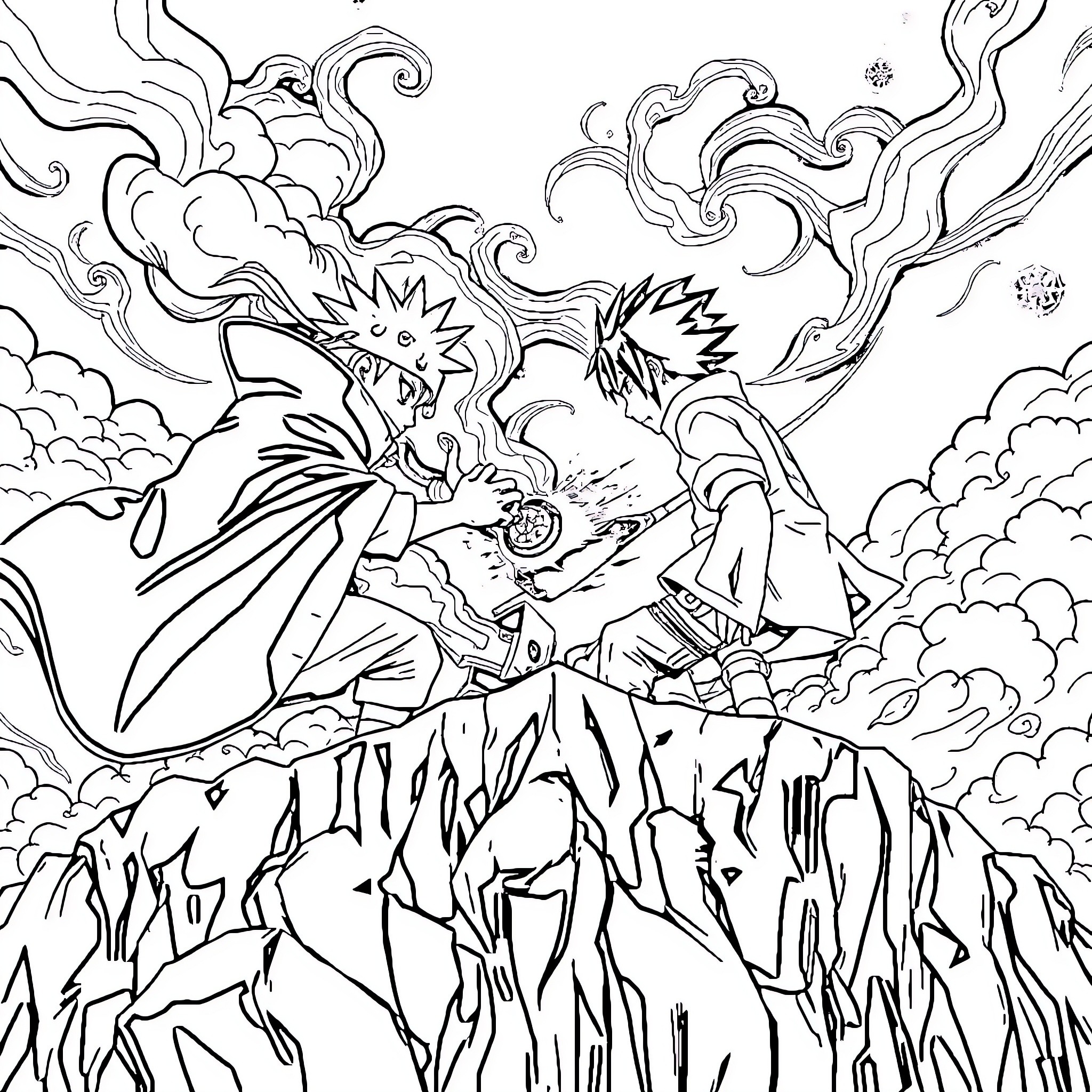 Naruto and Sasuke's Explosive Ninja Battle Coloring Page (free black-and-white line drawing printable PDF for all, from beginners to advanced learners, including children, teens, adults, and seniors)