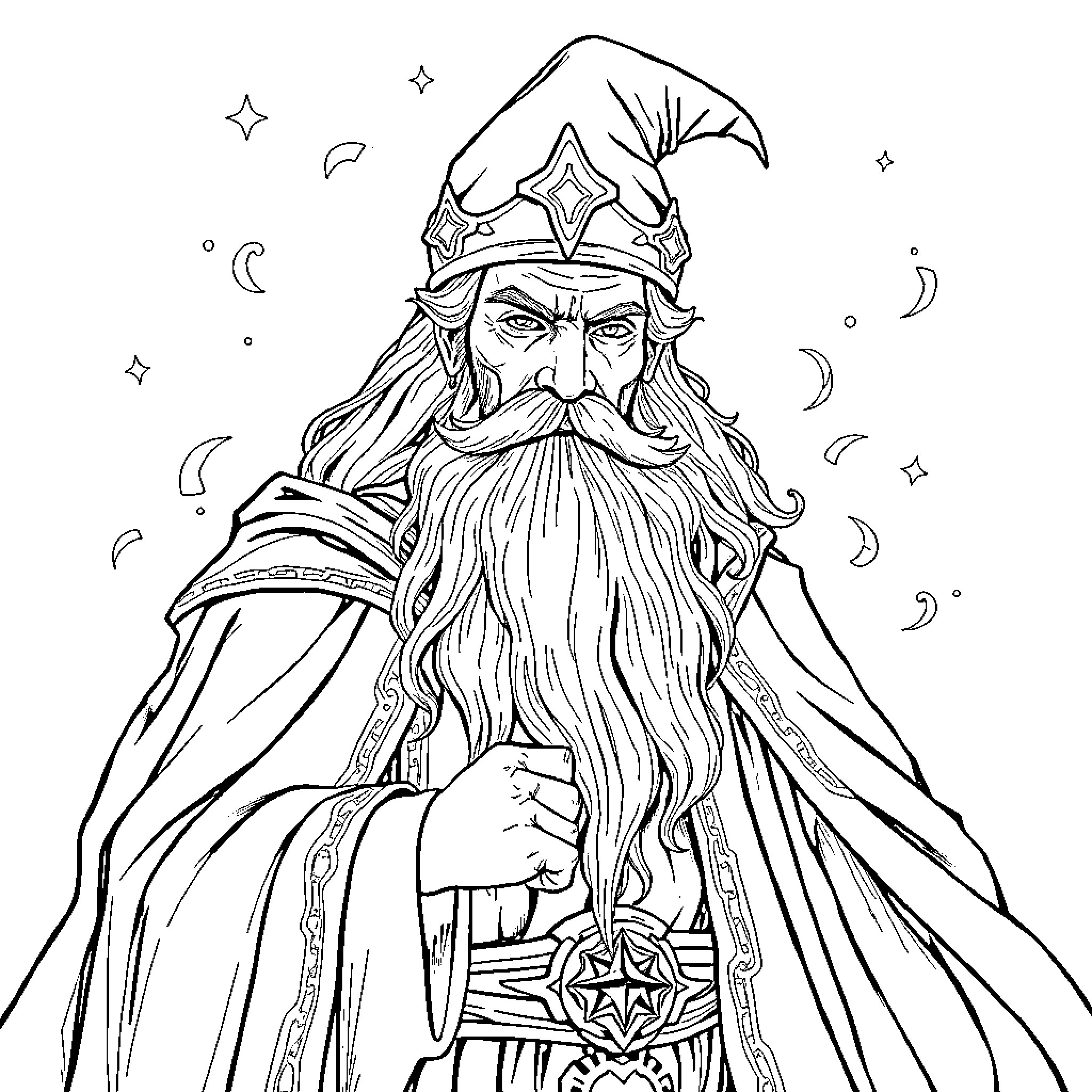 Merlin the Wise Wizard in Mystical Attire Coloring Page (free black-and-white line drawing printable PDF for all, from beginners to advanced learners, including children, teens, adults, and seniors)