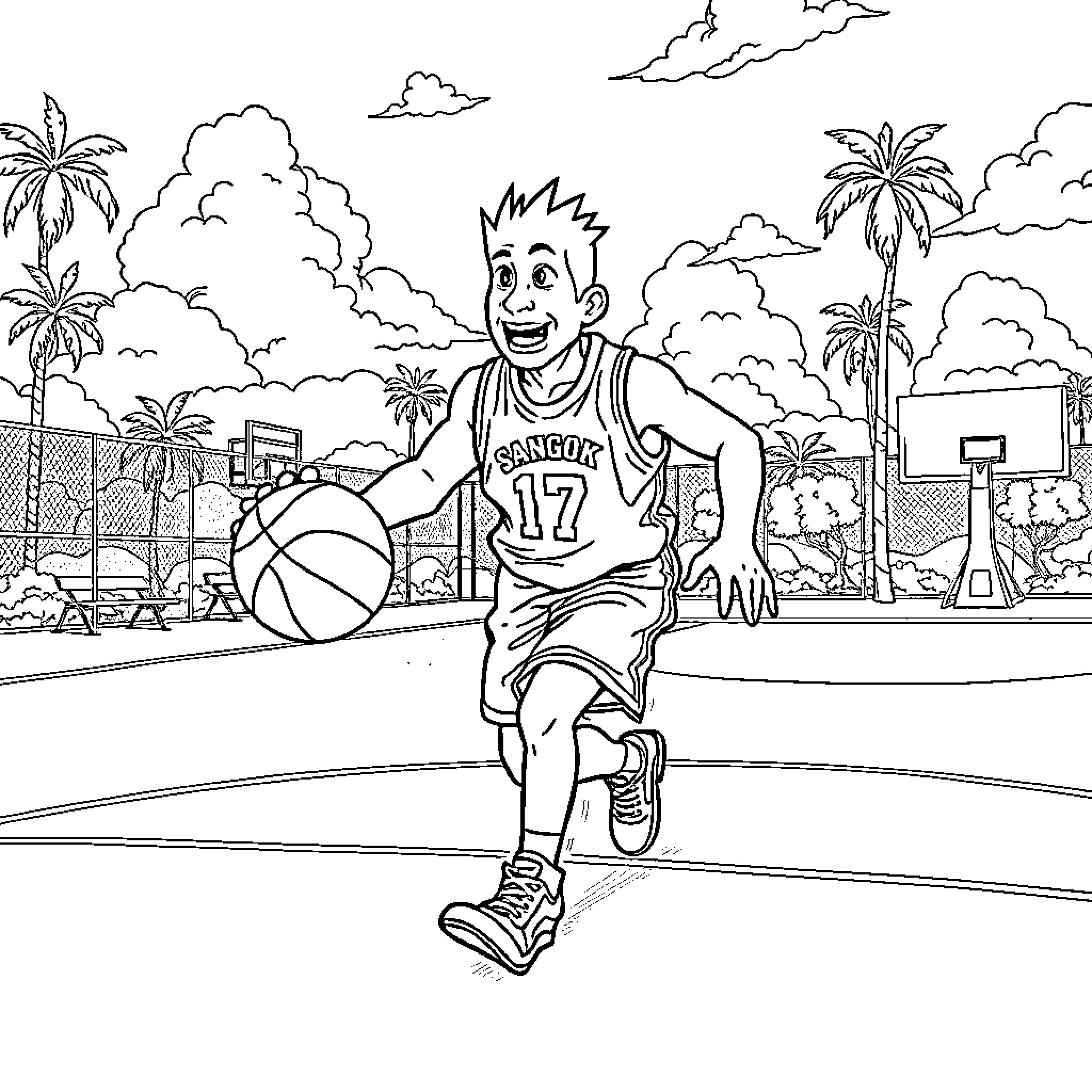 Sangoku Basketball Player Running on Court Coloring Page (free black-and-white line drawing printable PDF for all, from beginners to advanced learners, including children, teens, adults, and seniors)