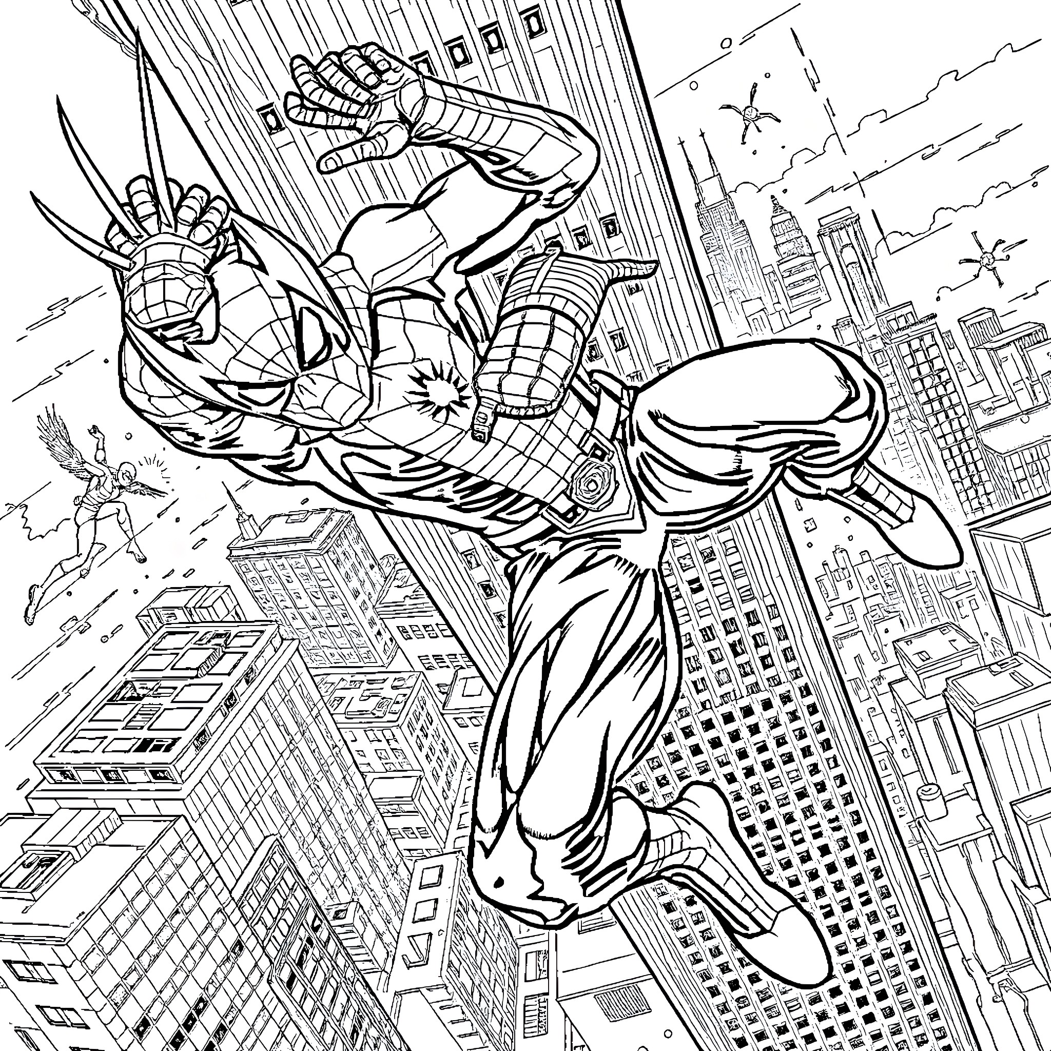 Wolverine Spider-Man swinging above the city Coloring Page (free black-and-white line drawing printable PDF for all, from beginners to advanced learners, including children, teens, adults, and seniors)